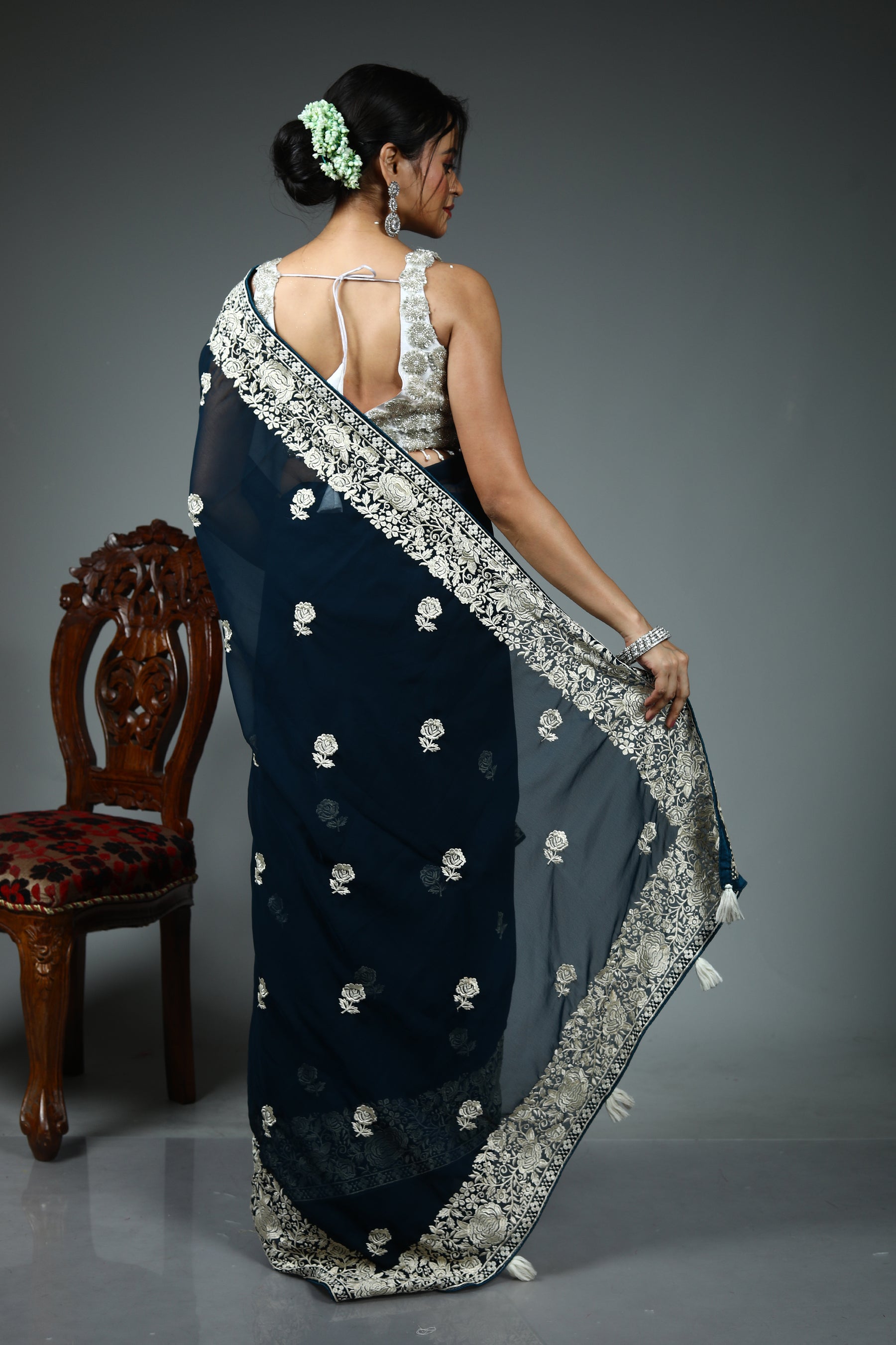 Dark Green Blended Georgette Saree