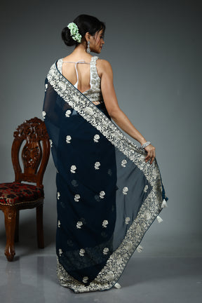 Dark Green Blended Georgette Saree