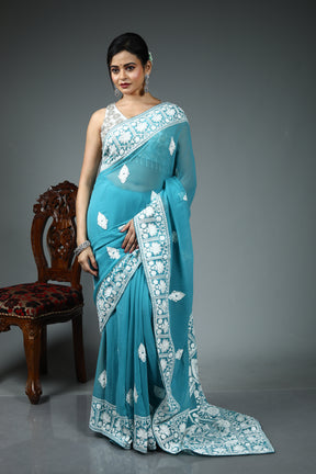 Blue Blended Chiffon Saree