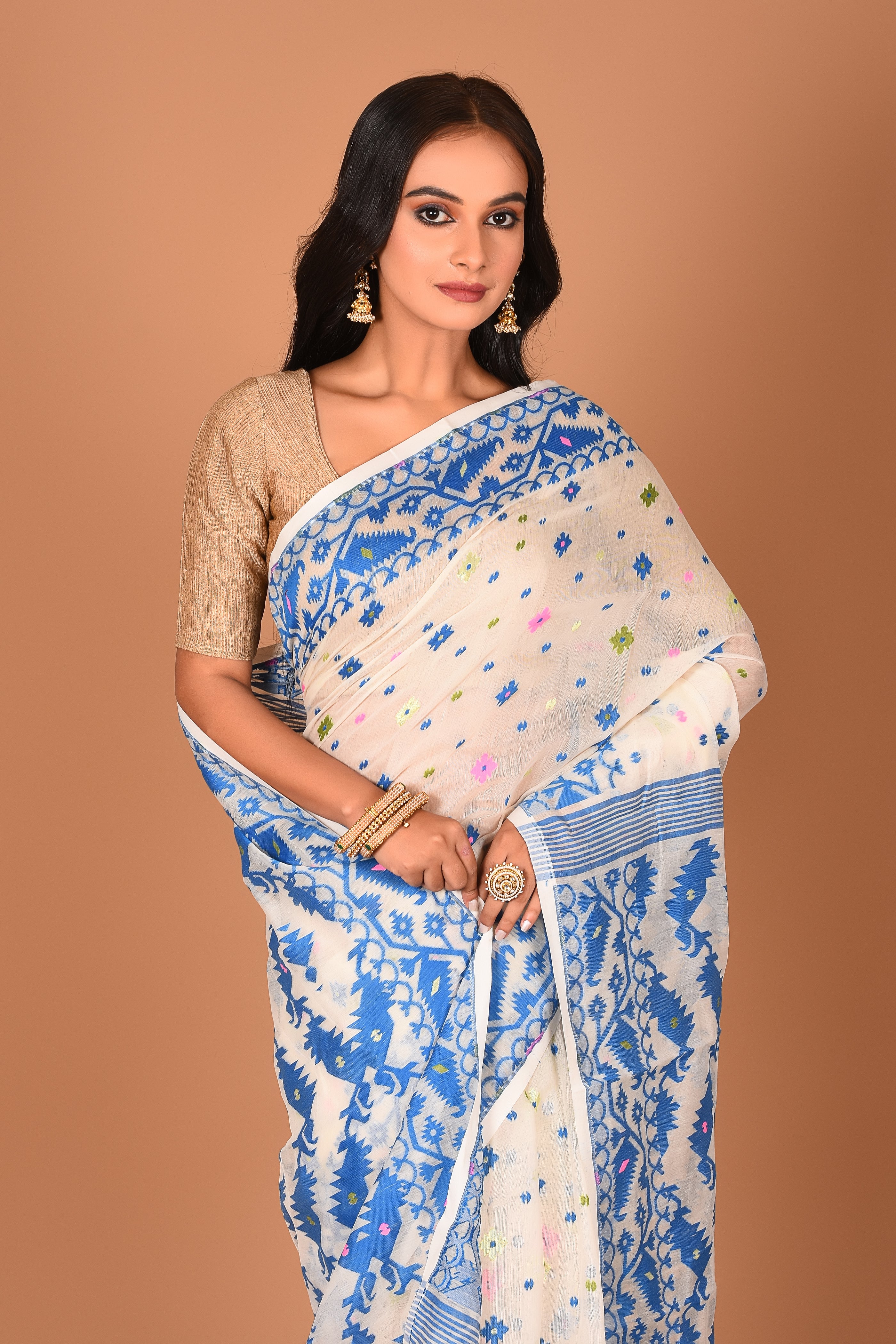 White Blue Jamdani Saree - Keya Seth Exclusive