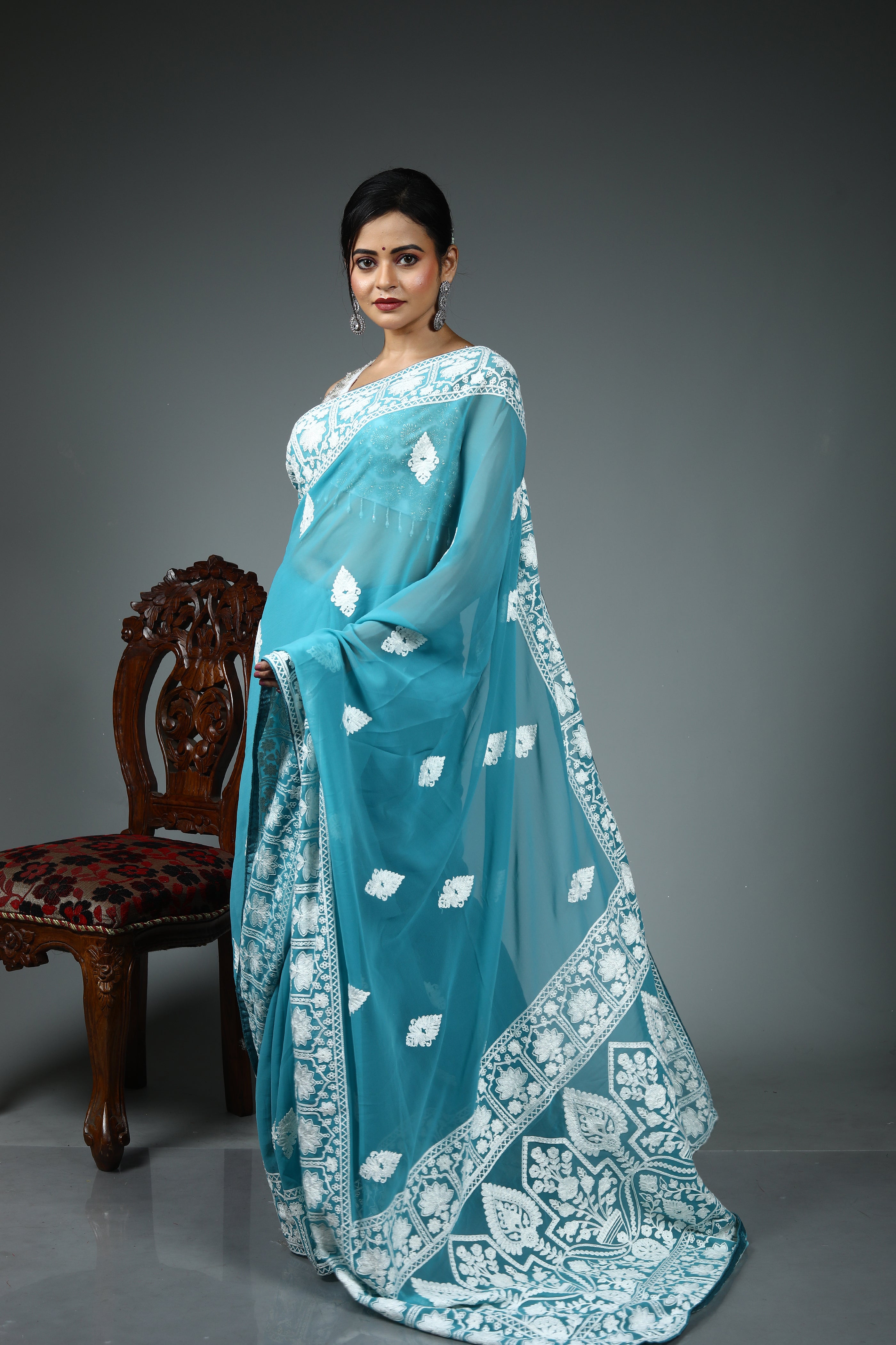 Blue Blended Chiffon Saree