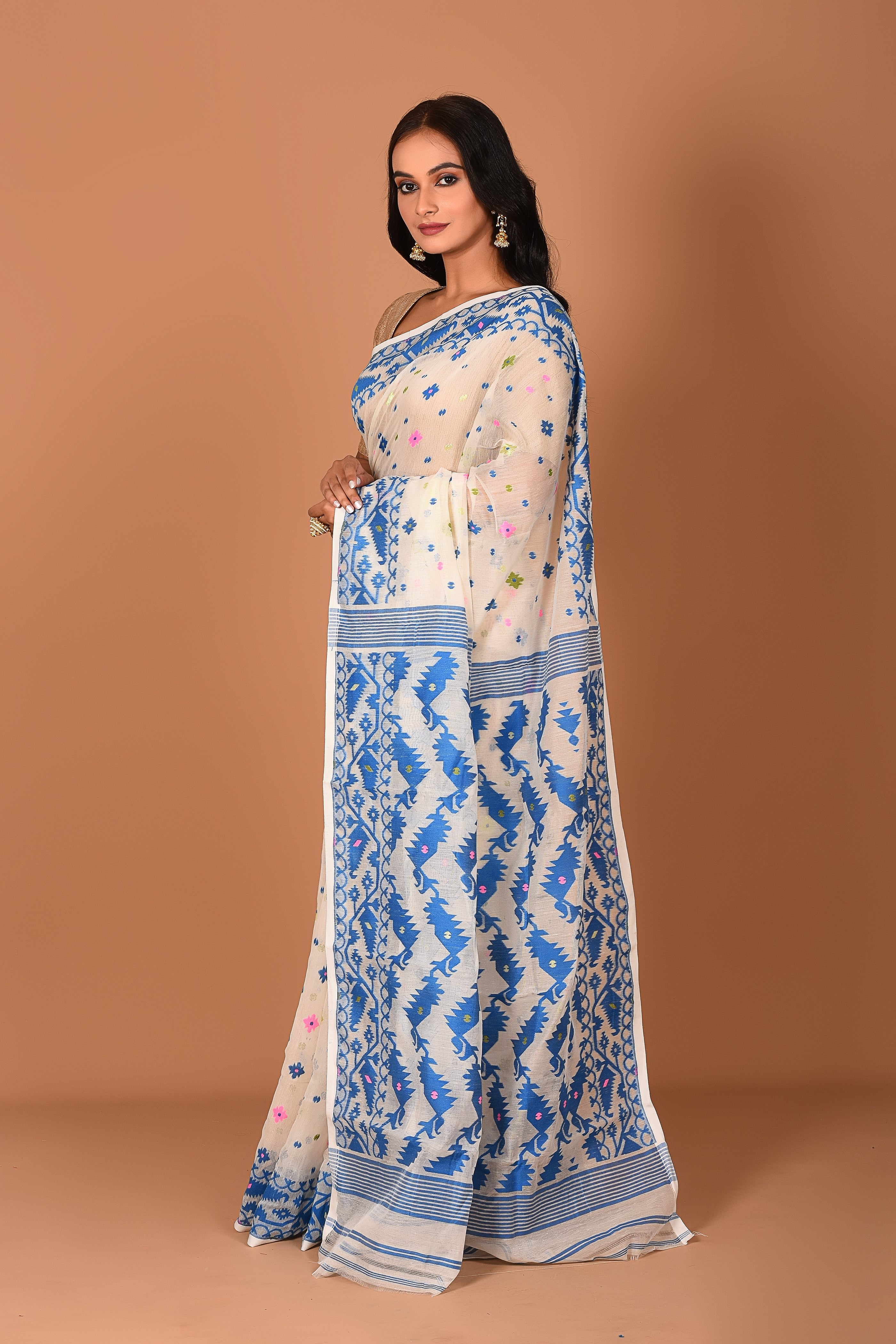 White Blue Jamdani Saree - Keya Seth Exclusive