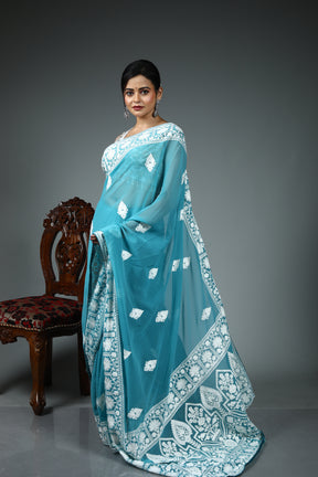 Blue Blended Chiffon Saree
