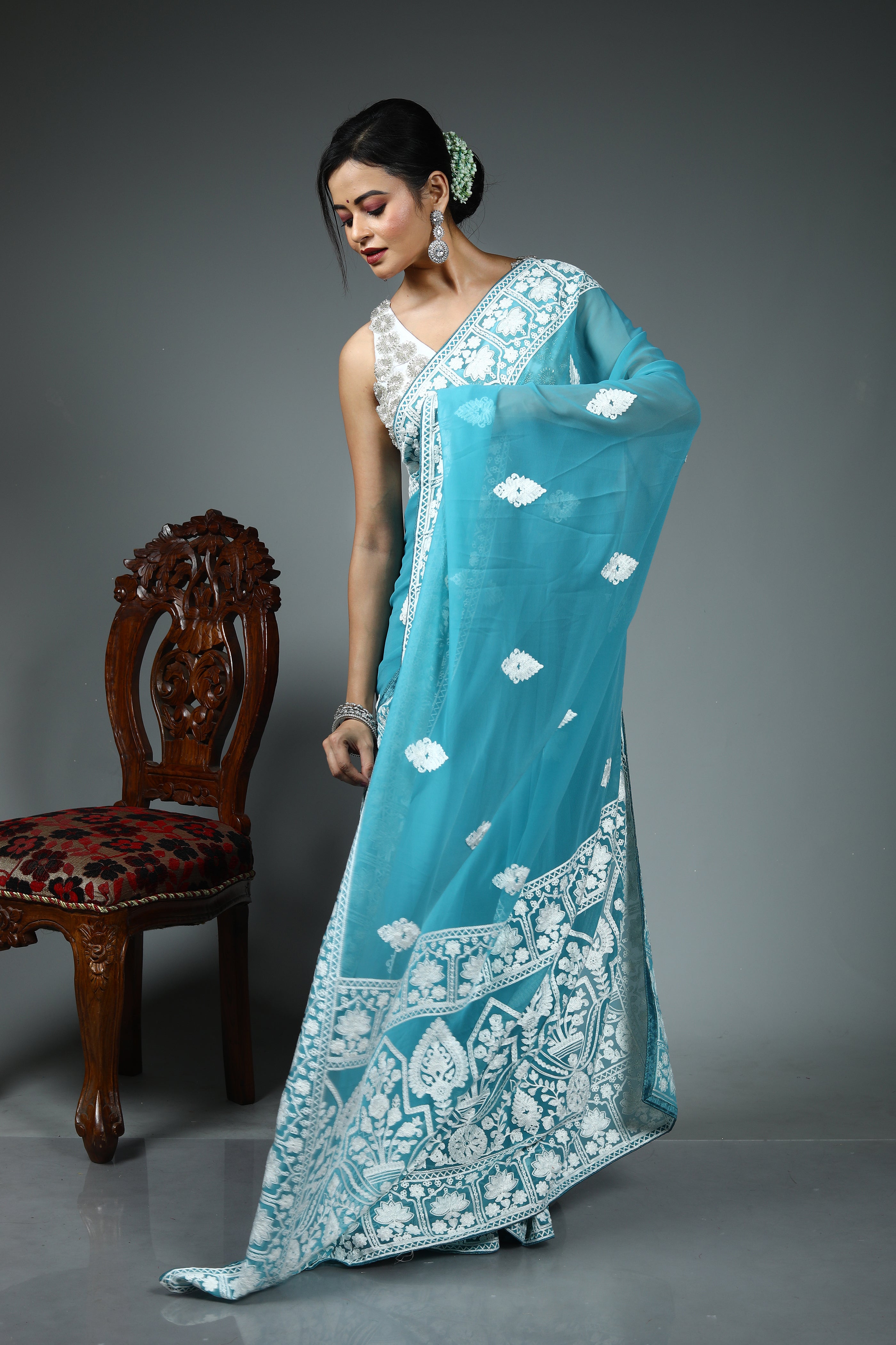 Blue Blended Chiffon Saree
