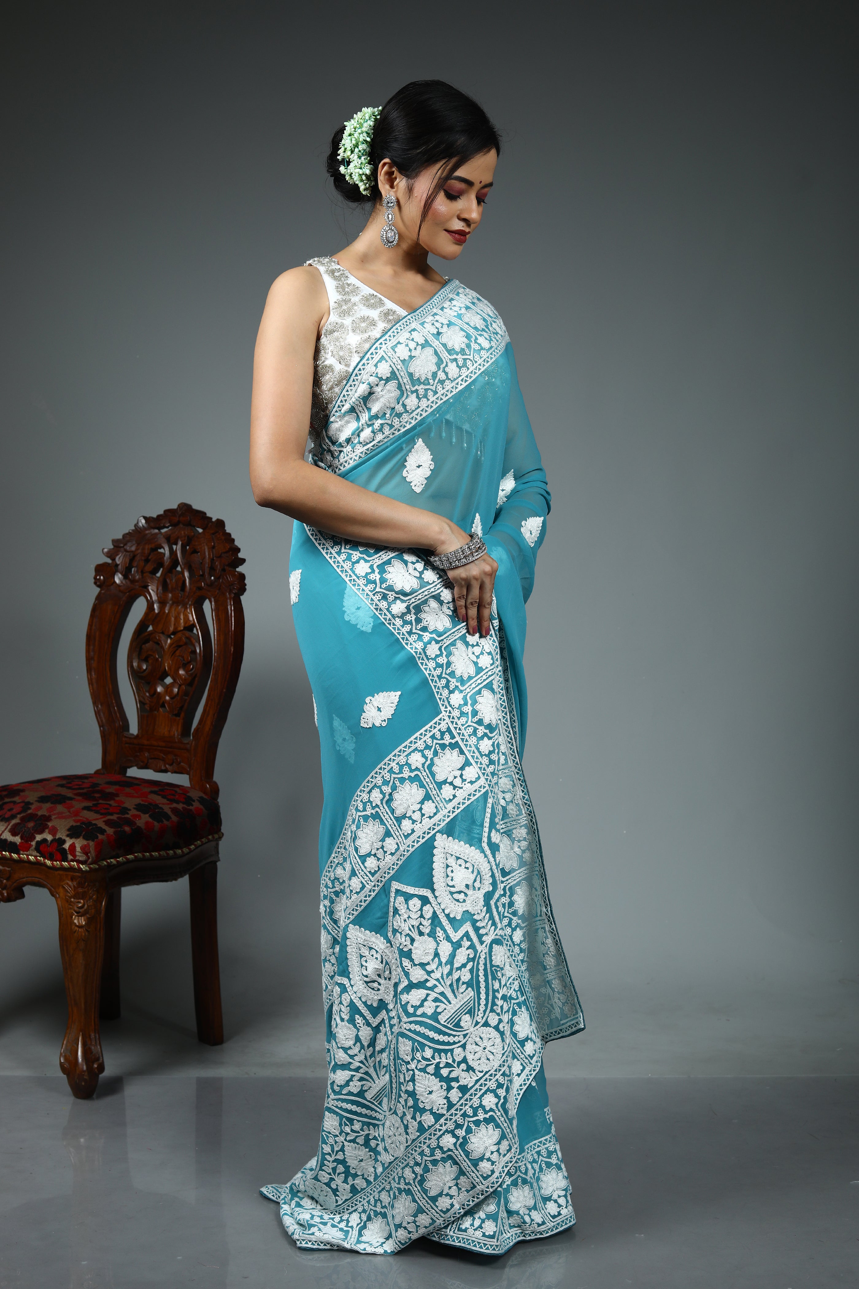 Blue Blended Chiffon Saree