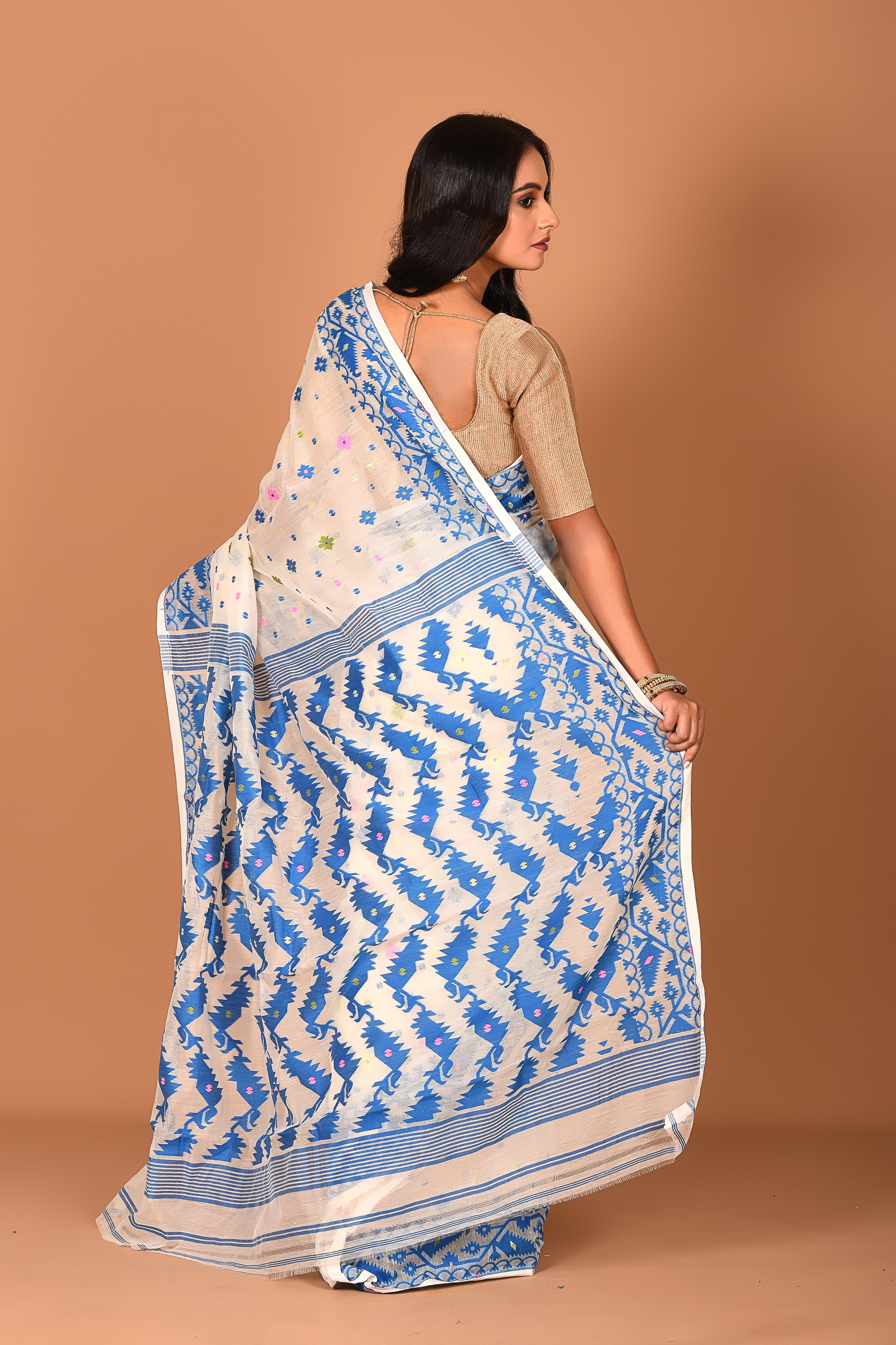 White Blue Jamdani Saree - Keya Seth Exclusive