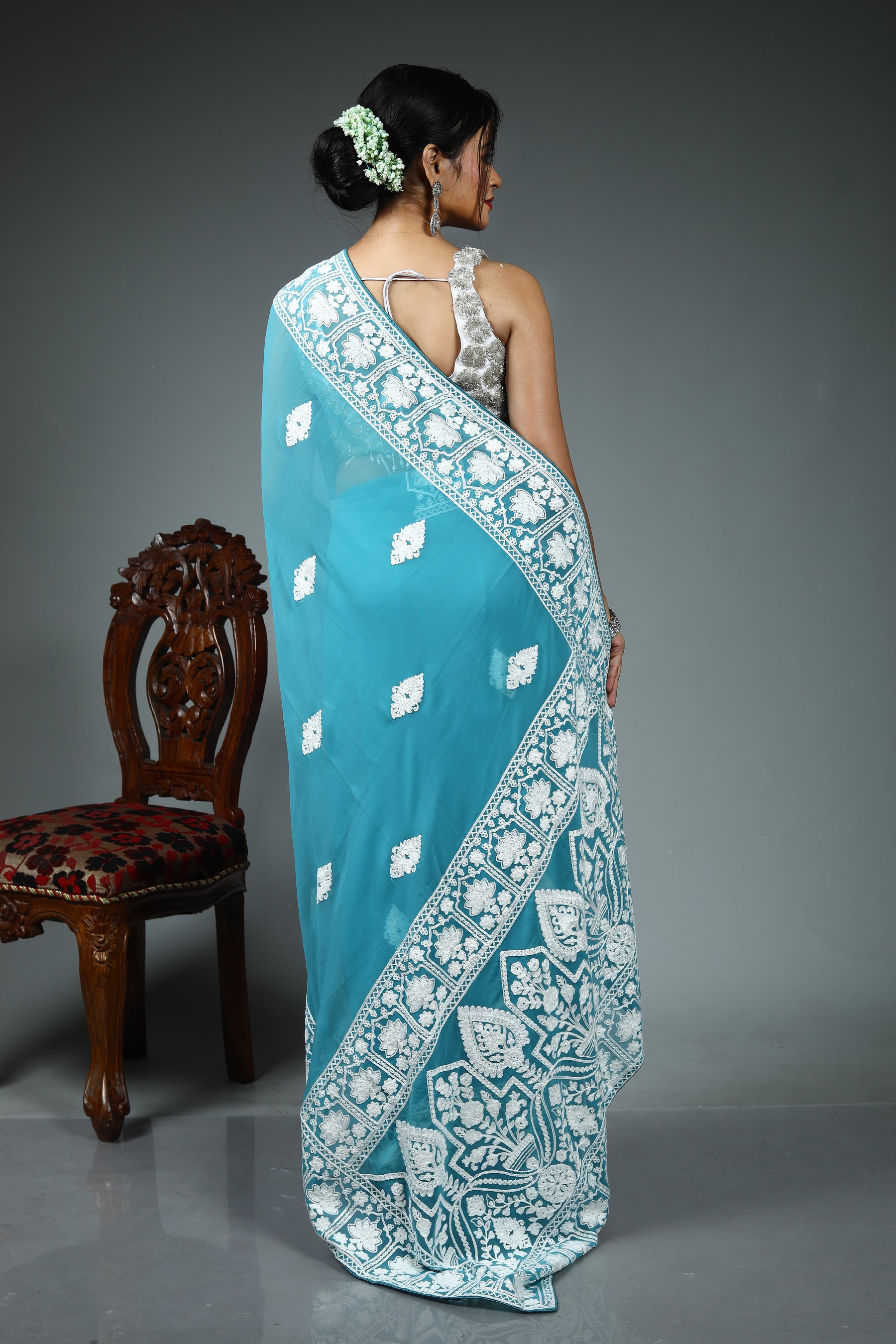 Blue Blended Chiffon Saree