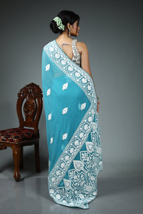 Blue Blended Chiffon Saree
