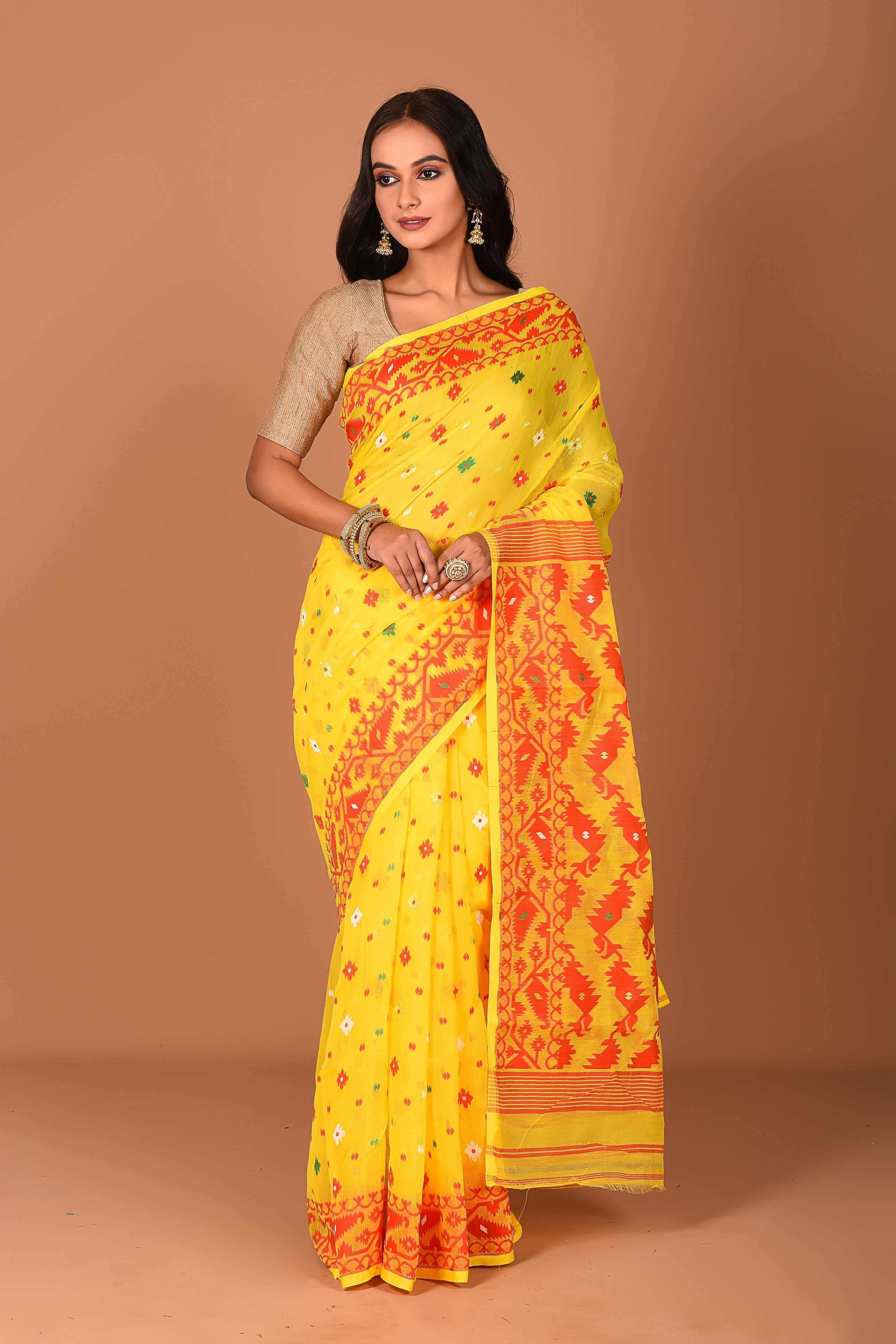 Yellow Red Jamdani Saree - Keya Seth Exclusive