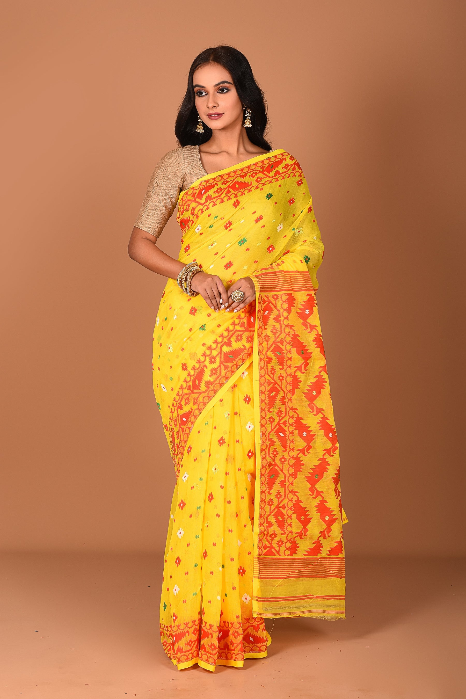 Yellow Red Jamdani Saree - Keya Seth Exclusive