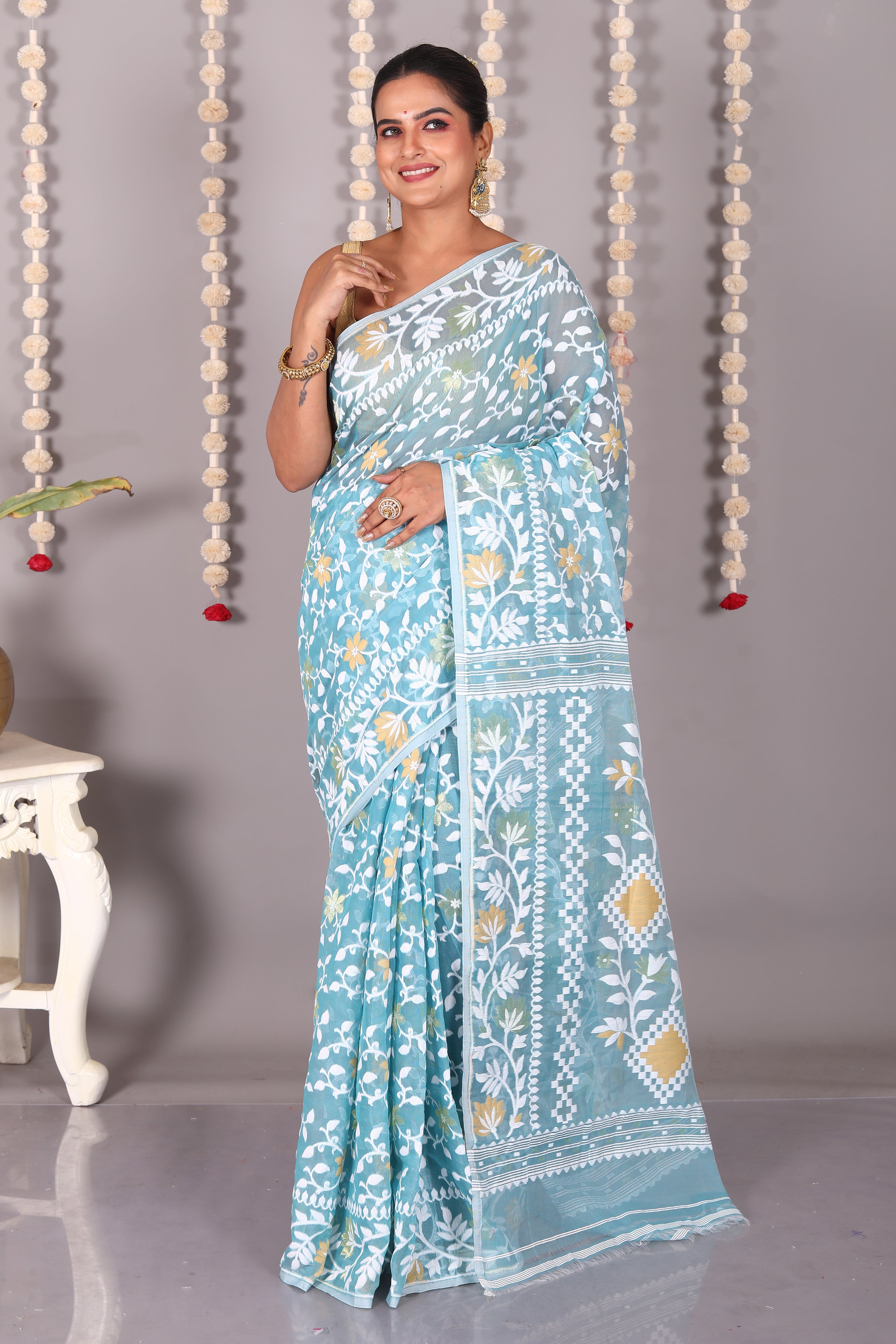 Blue Cotton Jamdani Saree - Keya Seth Exclusive
