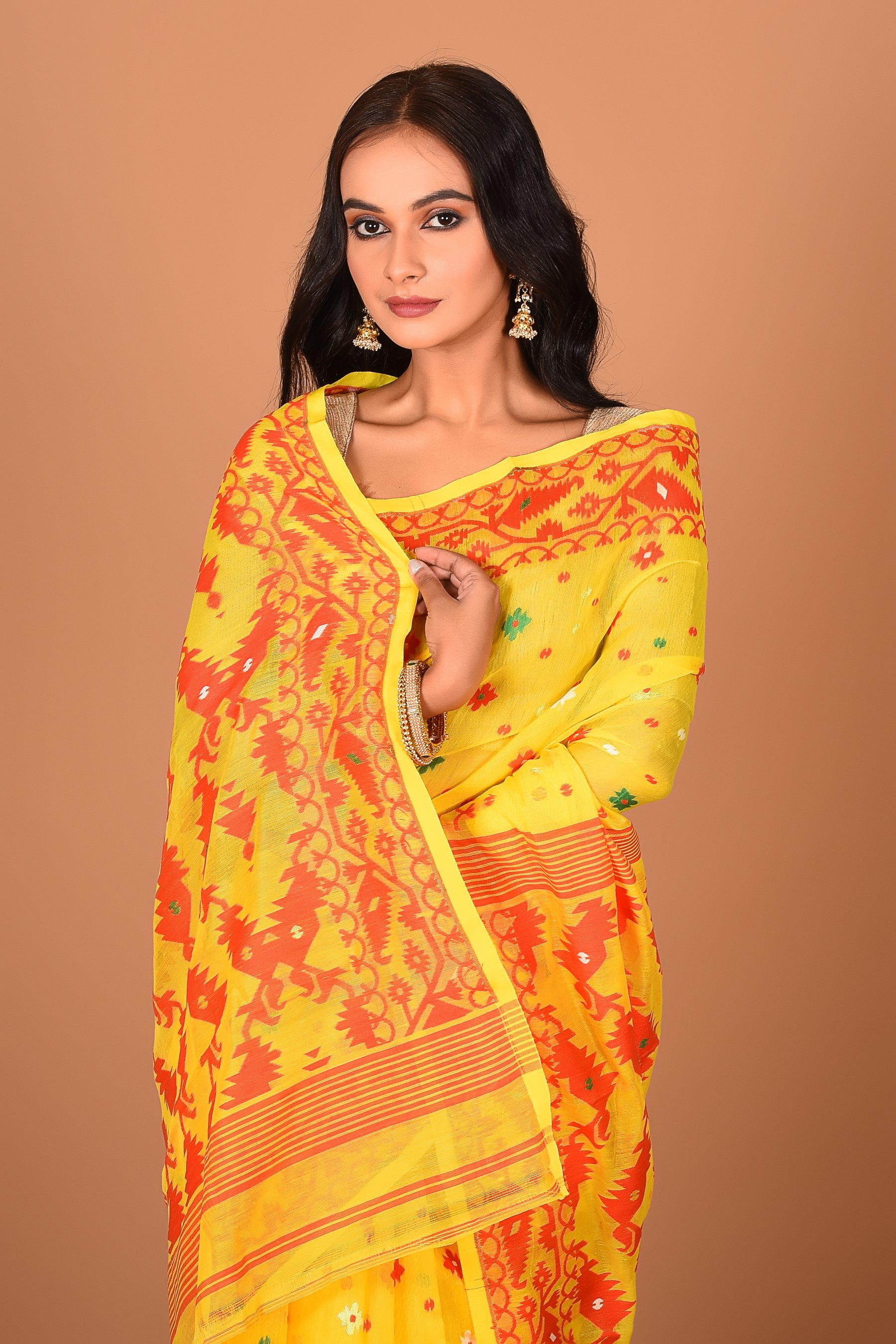 Yellow Red Jamdani Saree - Keya Seth Exclusive