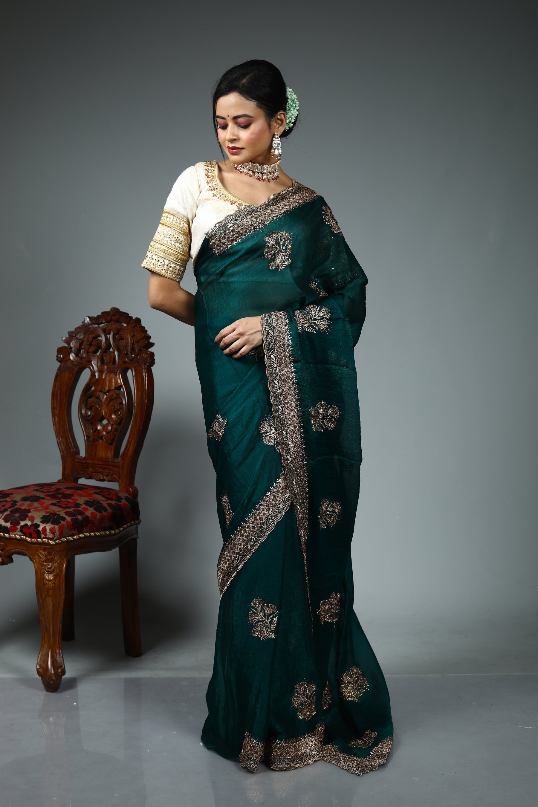 Dark Green Blended Georgette Saree