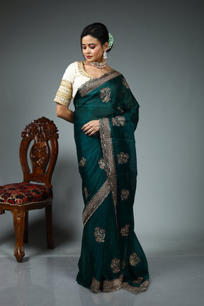Dark Green Blended Georgette Saree