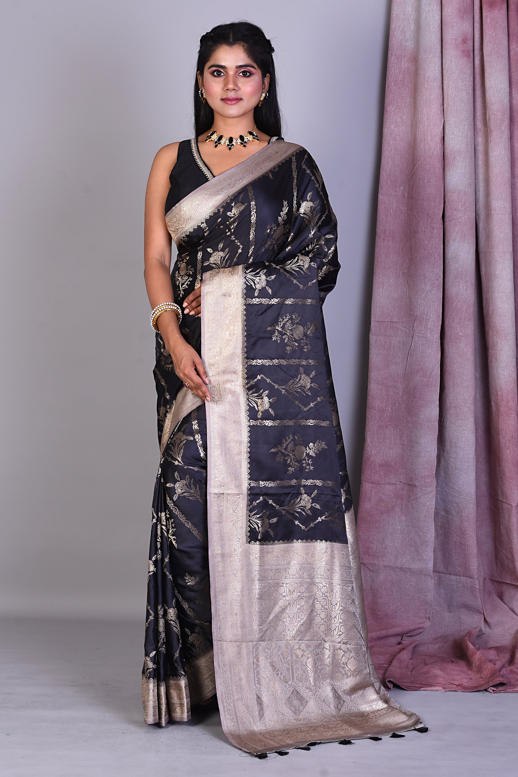 Black Blended Silk Saree with Zari Works - Keya Seth Exclusive