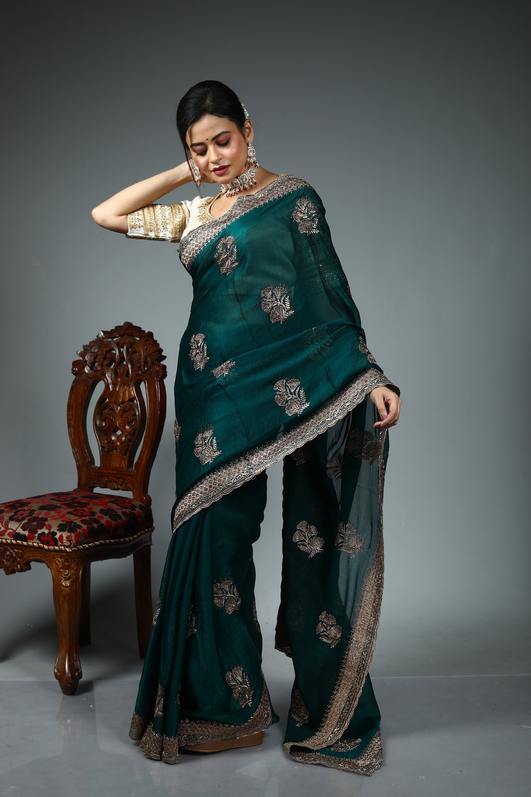 Dark Green Blended Georgette Saree