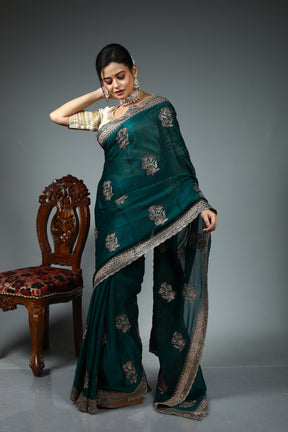 Dark Green Blended Georgette Saree