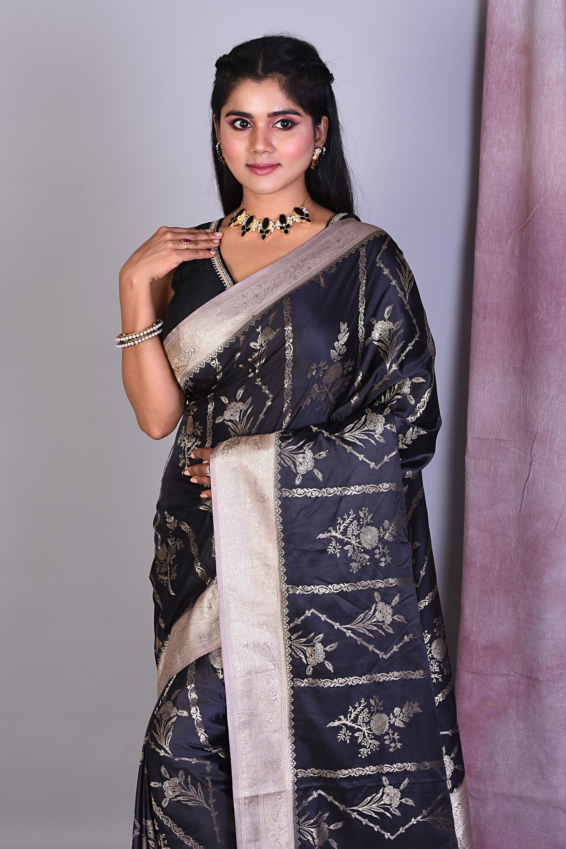 Black Blended Silk Saree with Zari Works - Keya Seth Exclusive