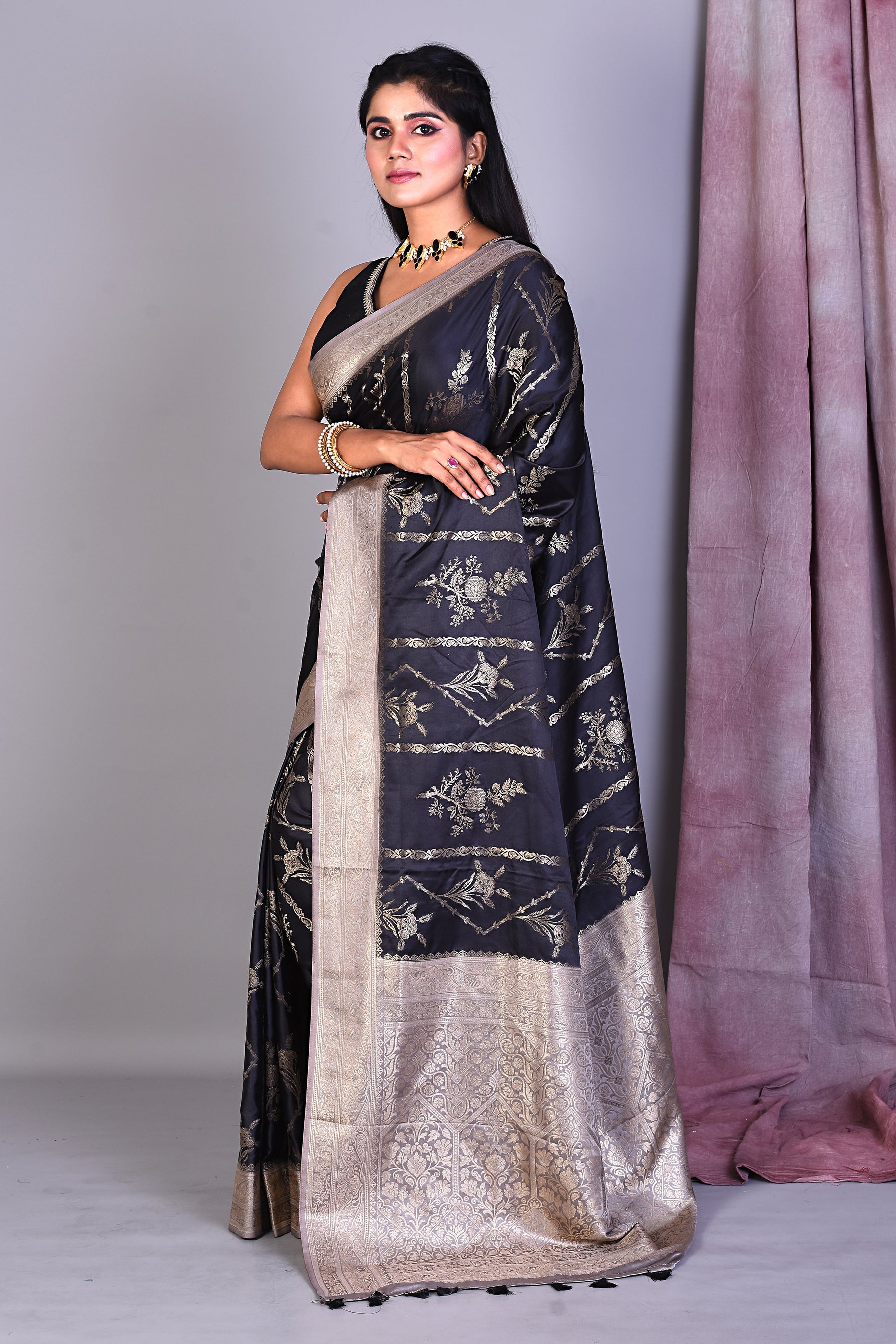 Black Blended Silk Saree with Zari Works - Keya Seth Exclusive