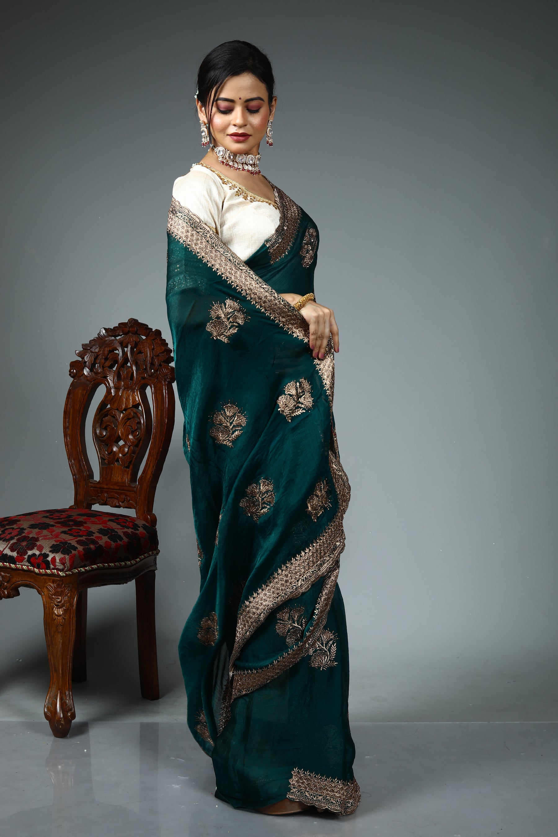 Dark Green Blended Georgette Saree