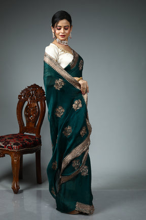 Dark Green Blended Georgette Saree
