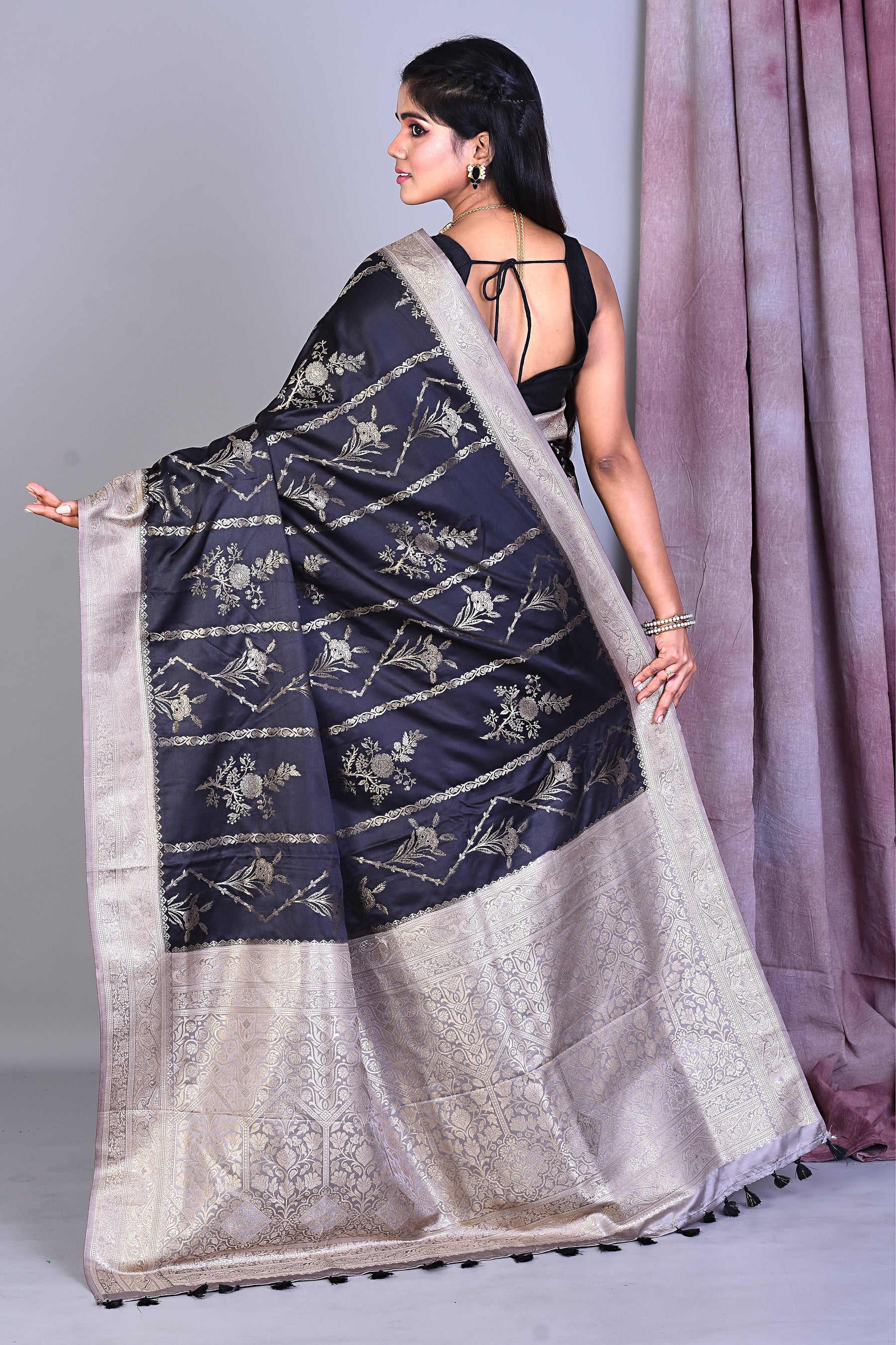 Black Blended Silk Saree with Zari Works - Keya Seth Exclusive