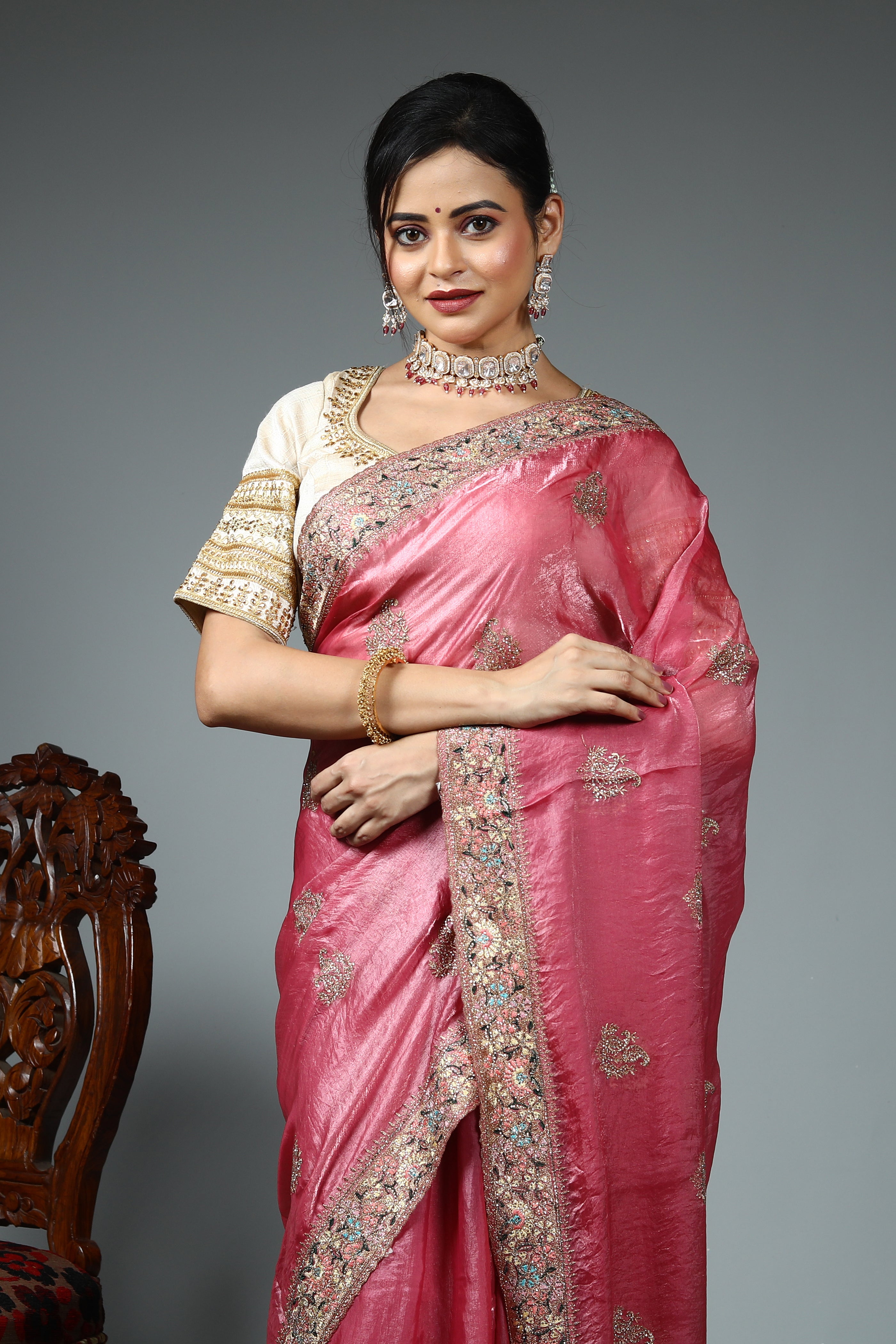Pink Blended Georgette Saree