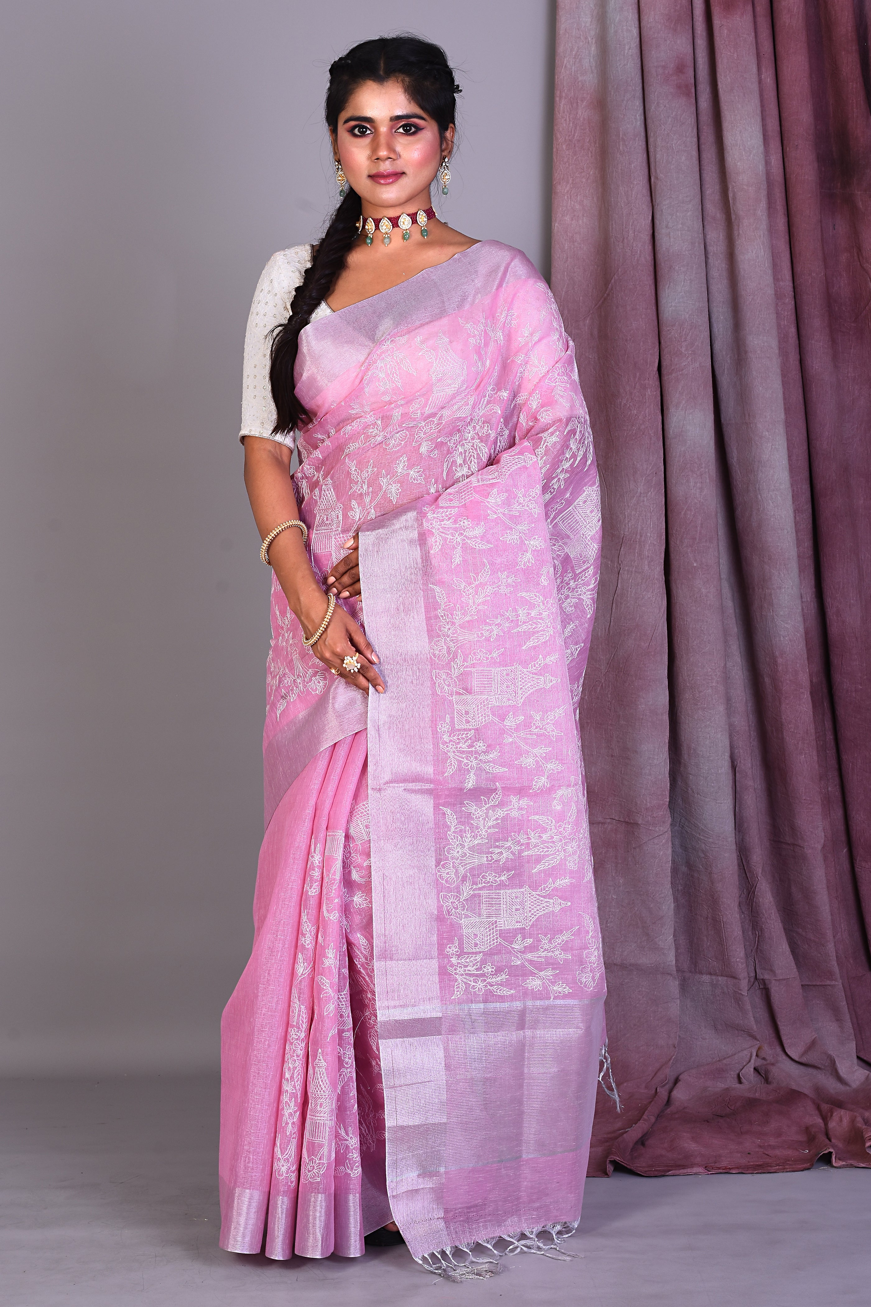 Pink Blended Silk Saree with ThreadWorks - Keya Seth Exclusive