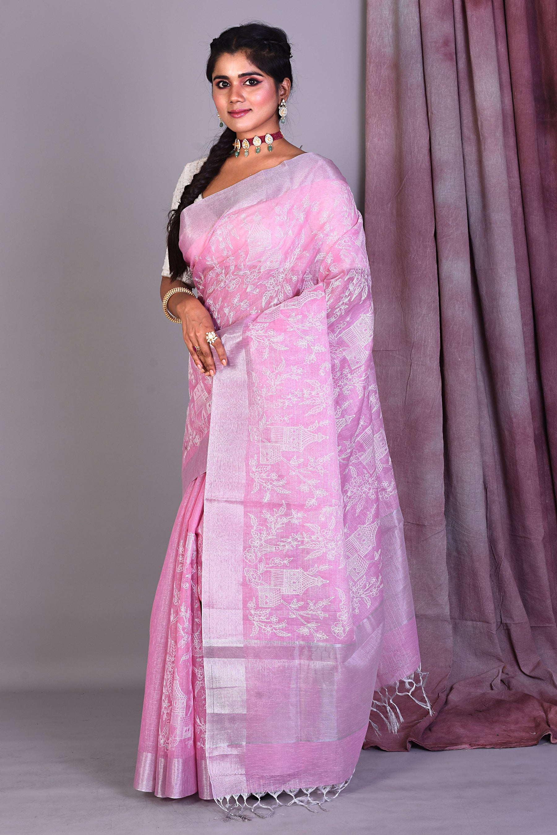 Pink Blended Silk Saree with ThreadWorks - Keya Seth Exclusive