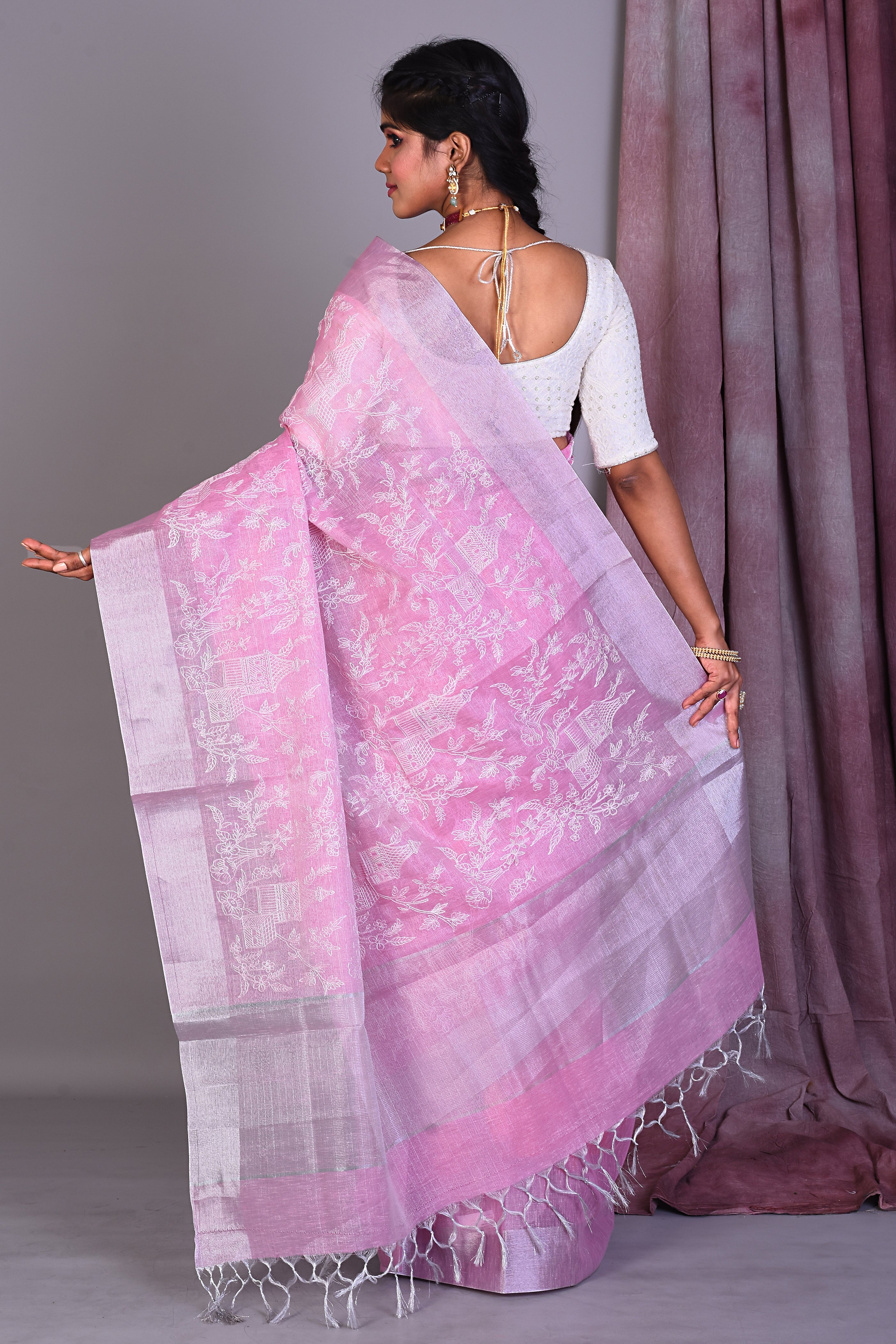 Pink Blended Silk Saree with ThreadWorks - Keya Seth Exclusive