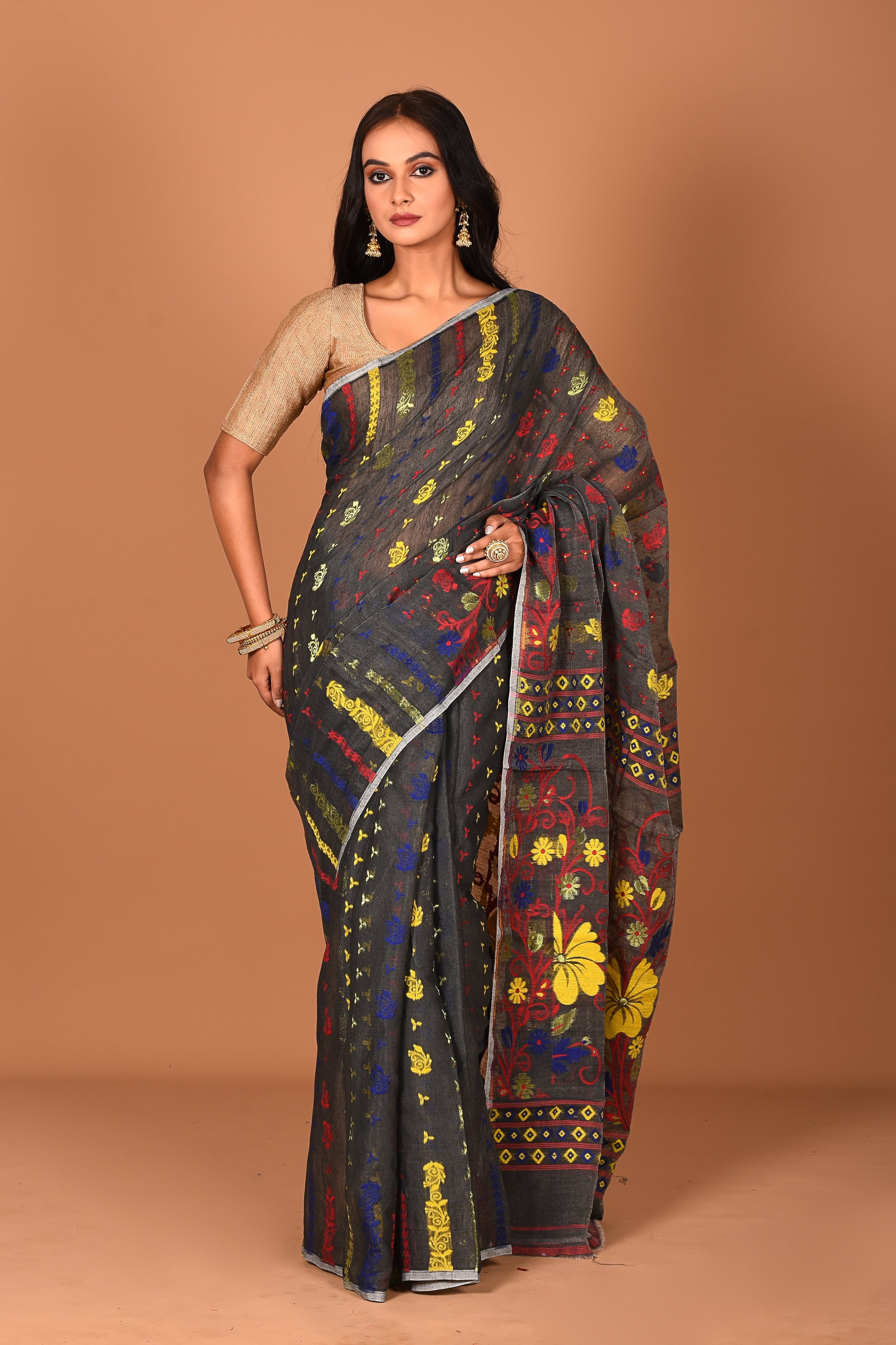 Charcoal Black Jamdani Saree - Keya Seth Exclusive