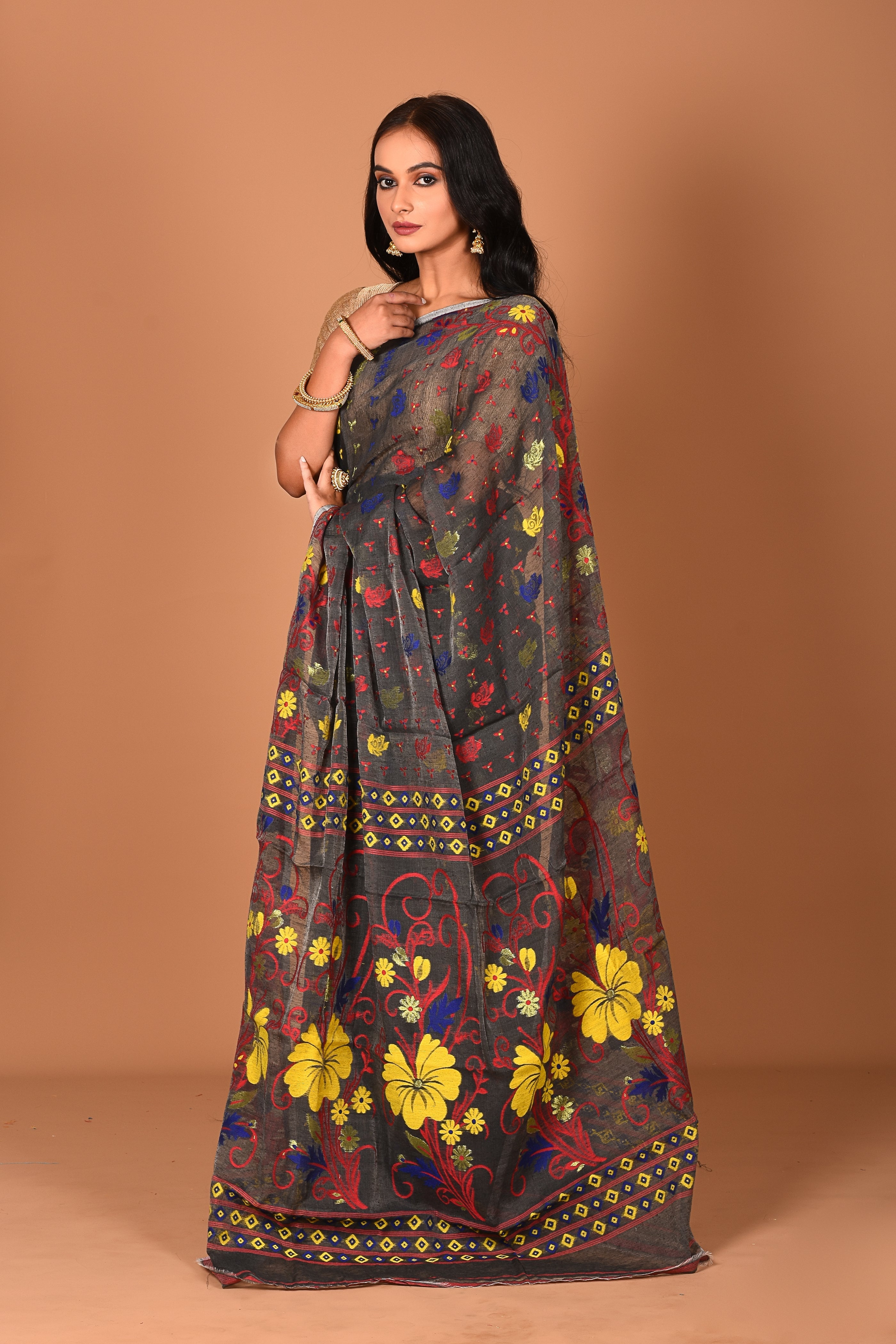 Charcoal Black Jamdani Saree - Keya Seth Exclusive