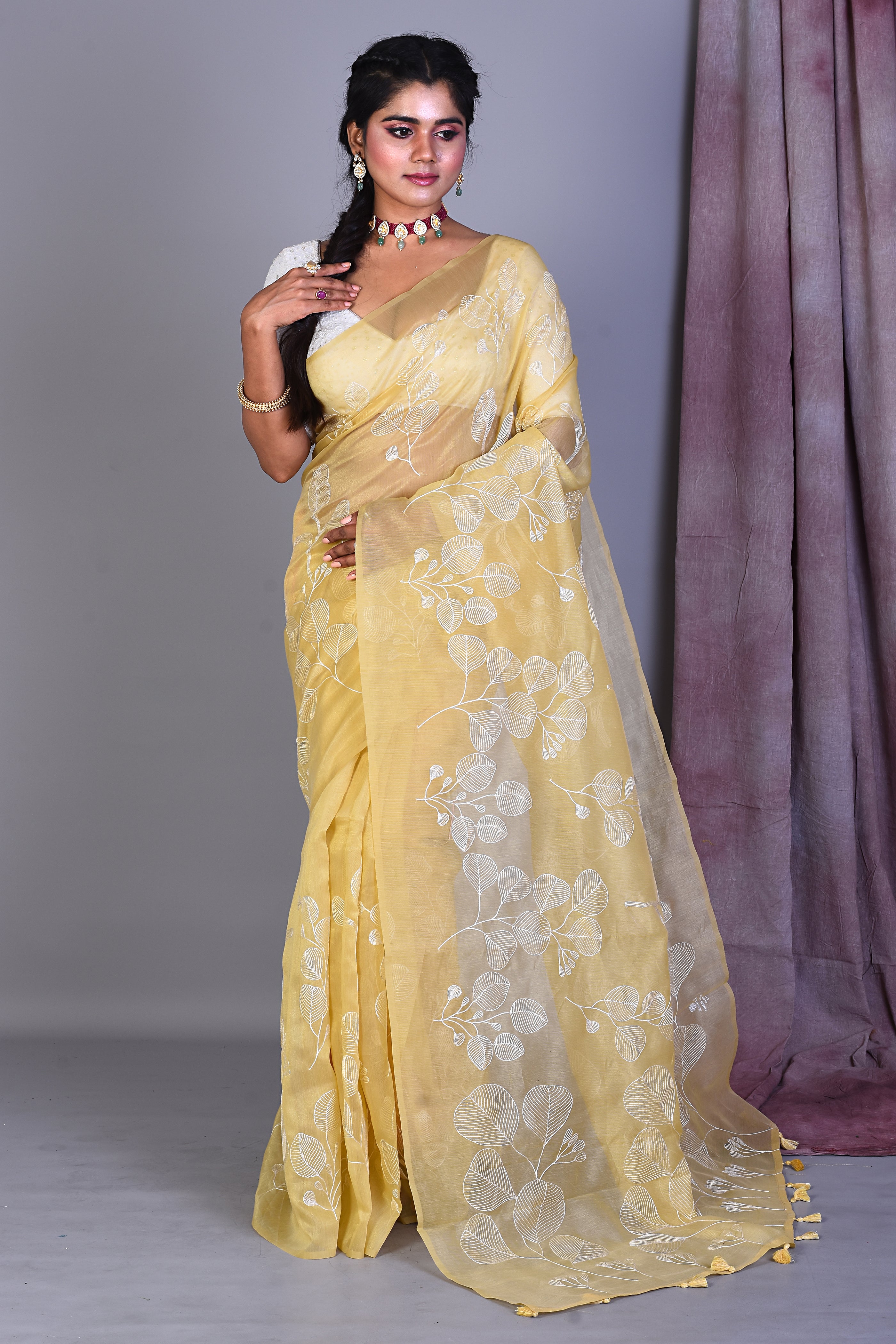 Light Yellow Blended Organza Saree with ThreadWorks - Keya Seth Exclusive