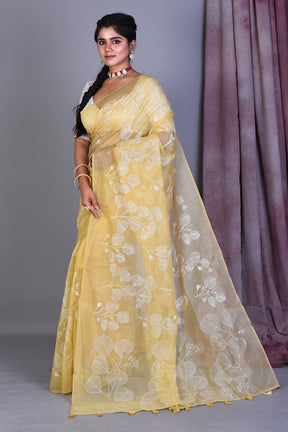 Light Yellow Blended Organza Saree with ThreadWorks - Keya Seth Exclusive