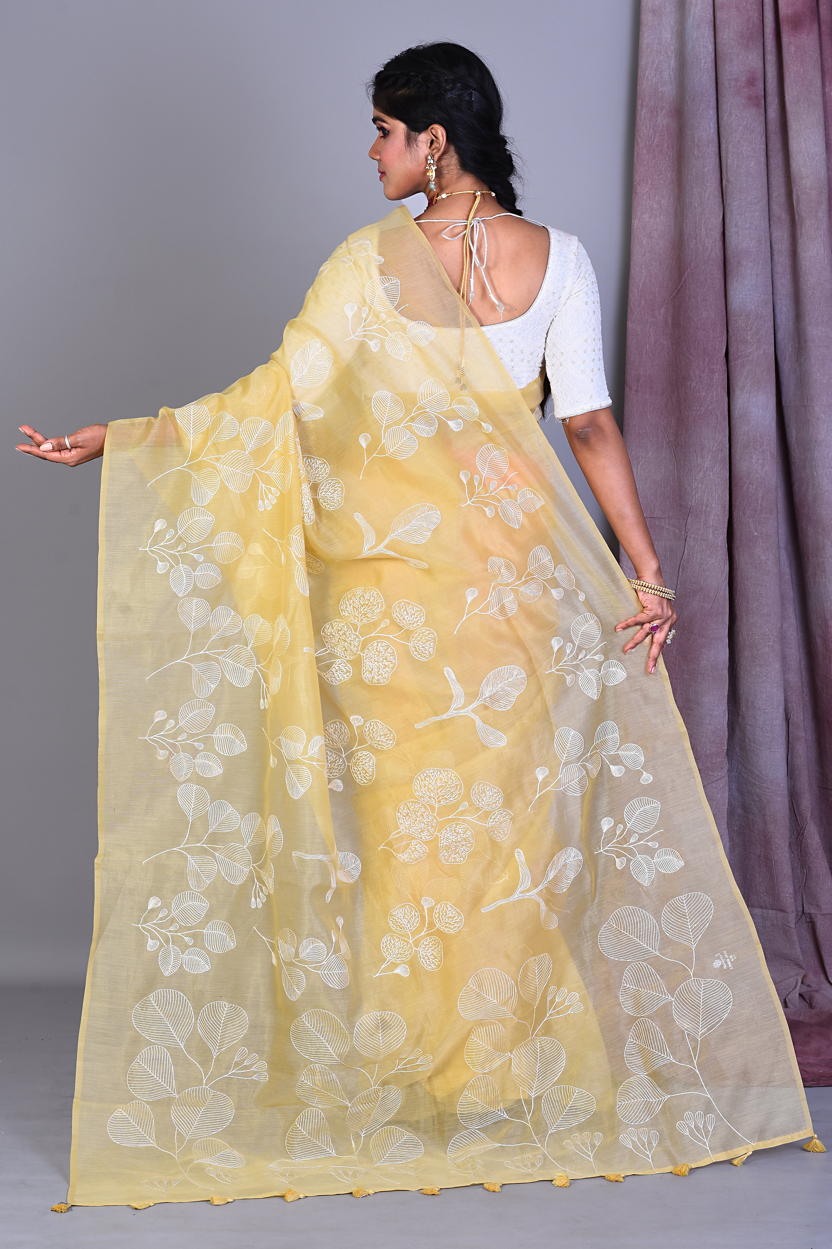 Light Yellow Blended Organza Saree with ThreadWorks - Keya Seth Exclusive