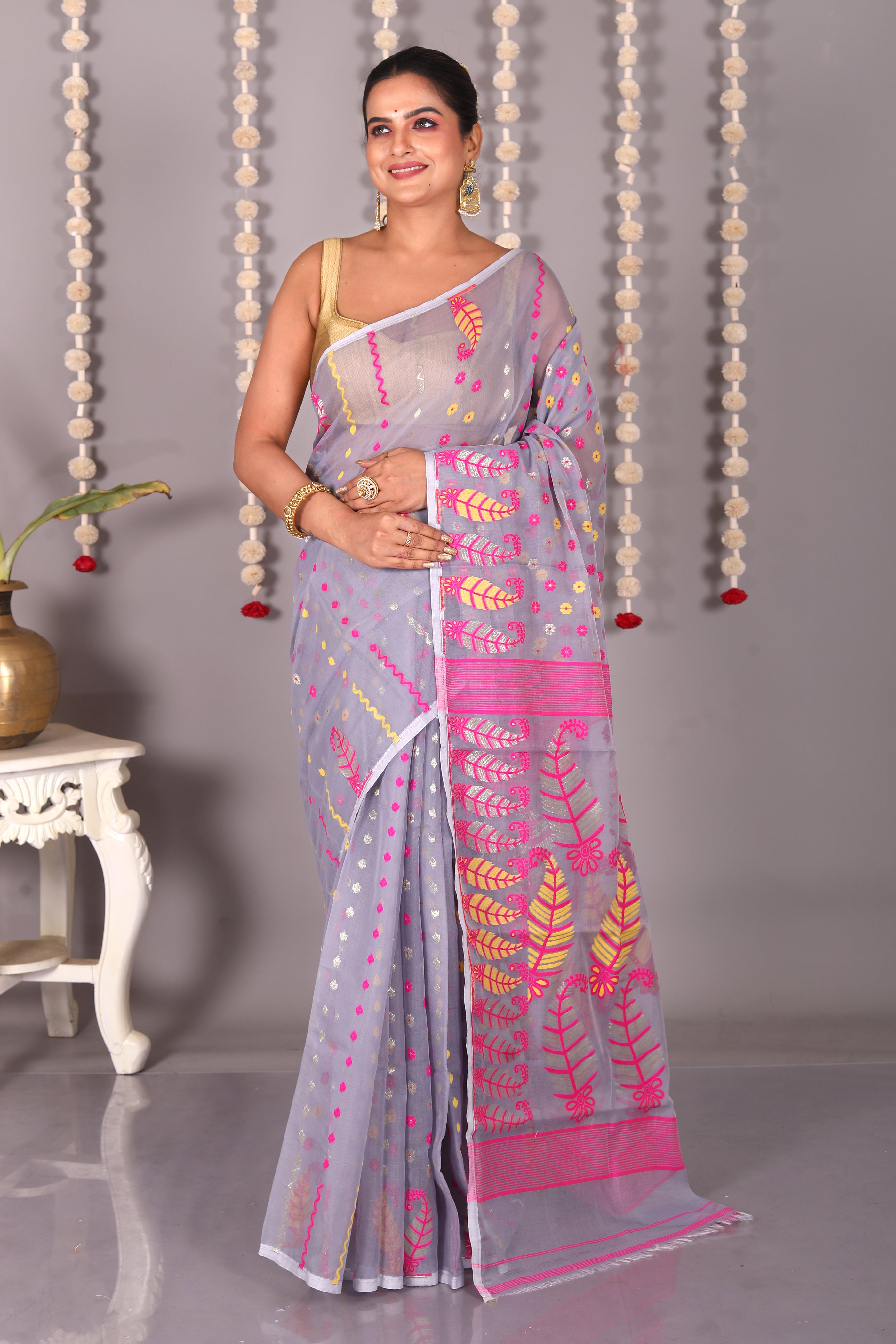 Grey Cotton Jamdani Saree - Keya Seth Exclusive