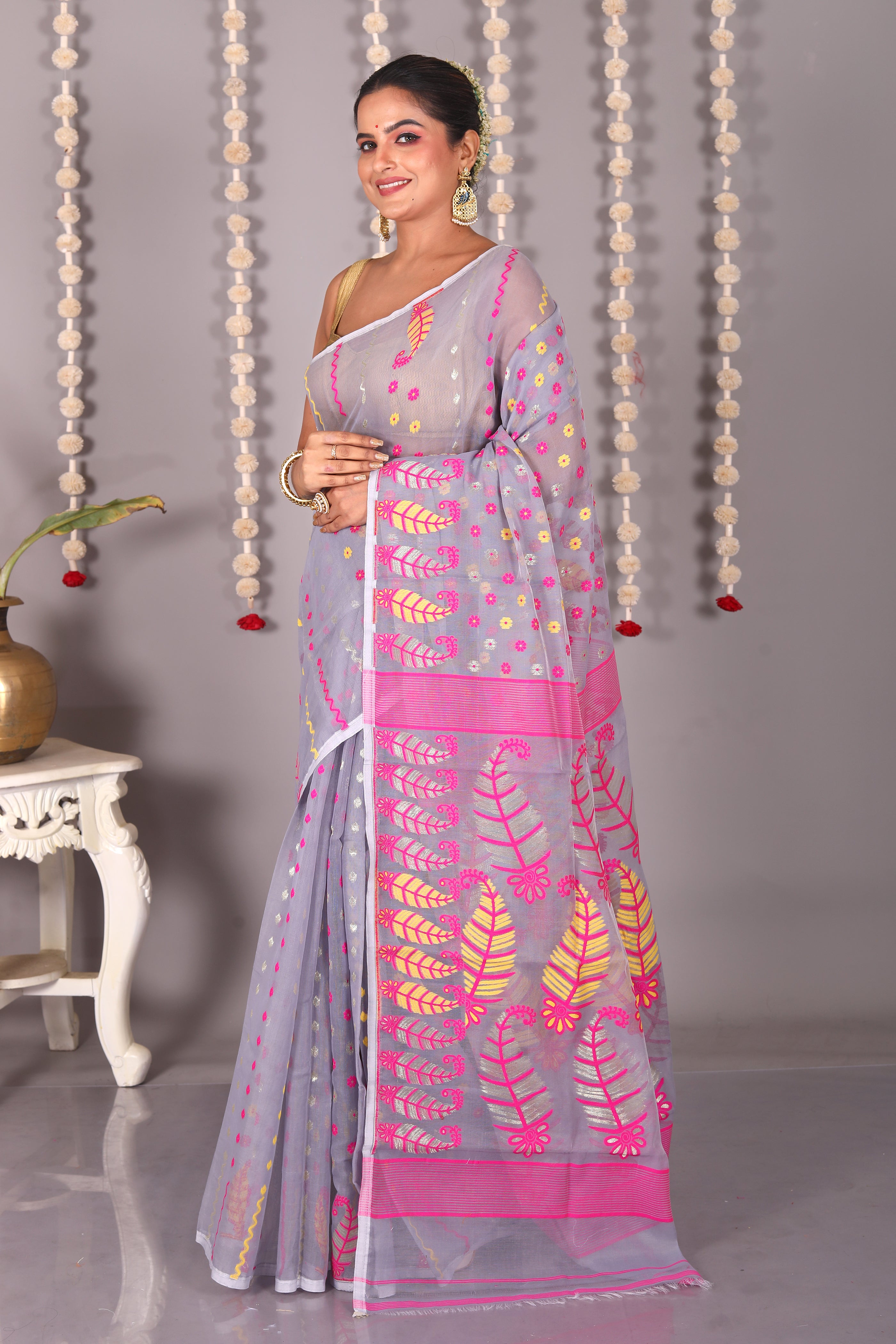 Grey Cotton Jamdani Saree - Keya Seth Exclusive