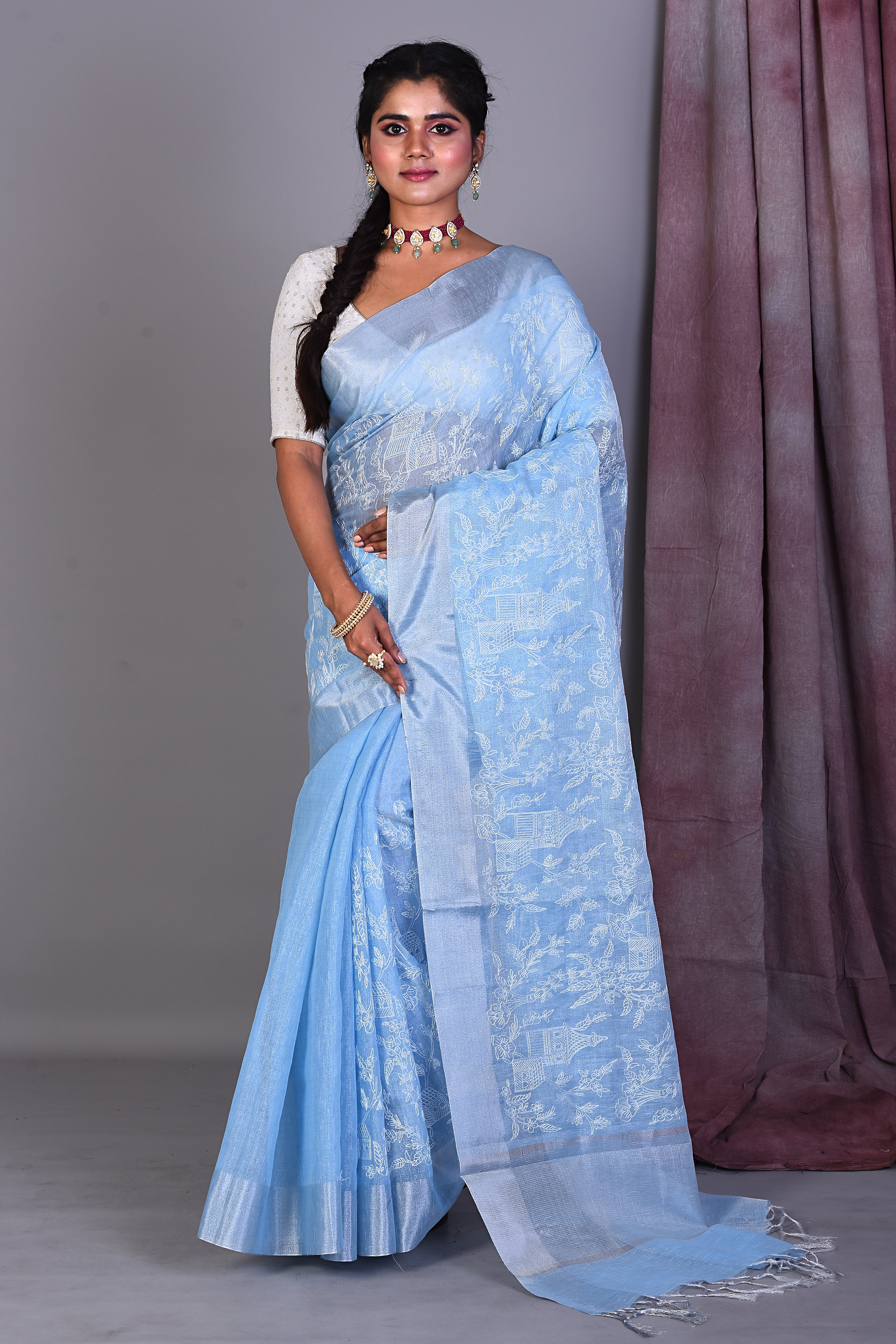 Sky Blue Blended Silk Saree with ThreadWorks - Keya Seth Exclusive