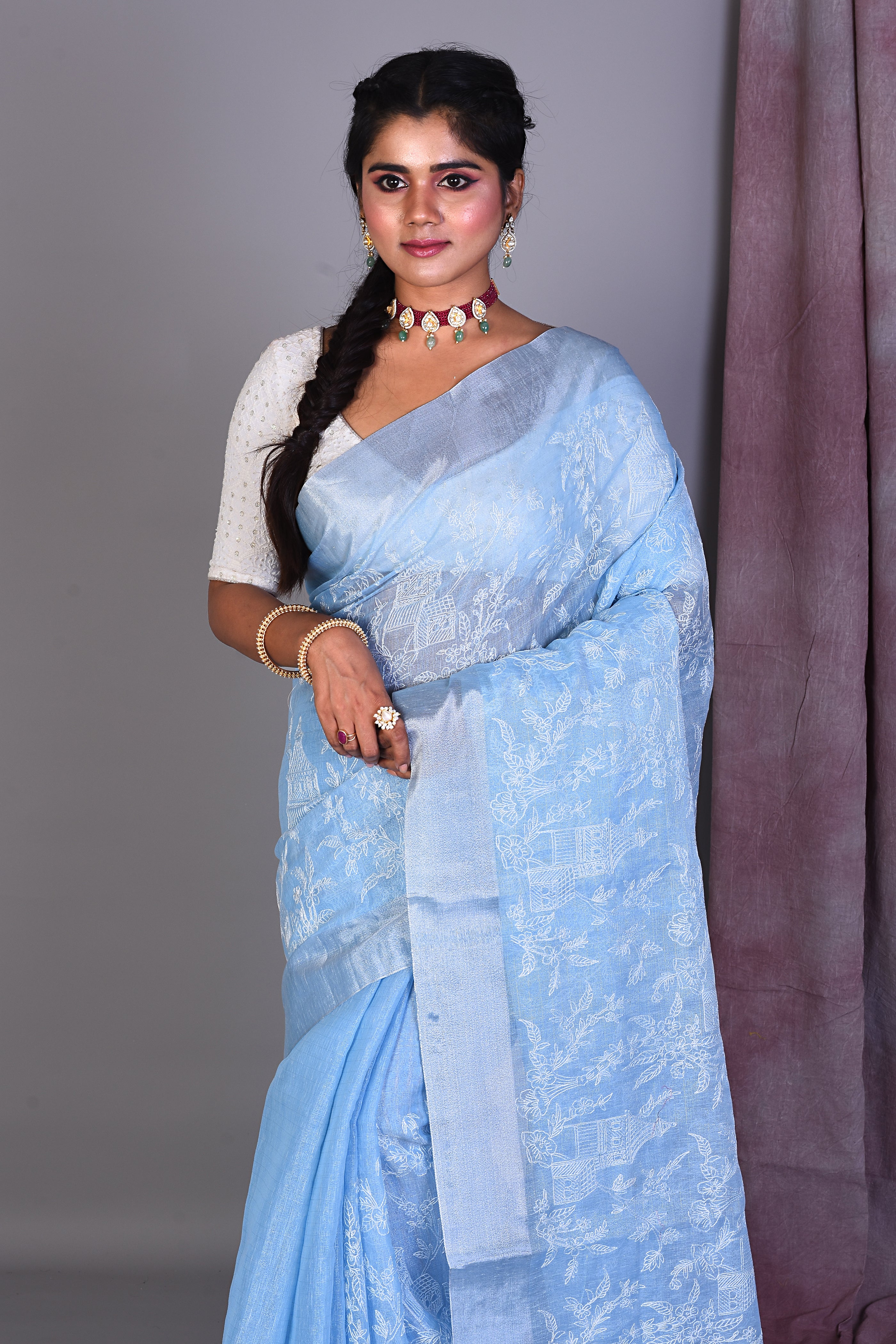 Sky Blue Blended Silk Saree with ThreadWorks - Keya Seth Exclusive