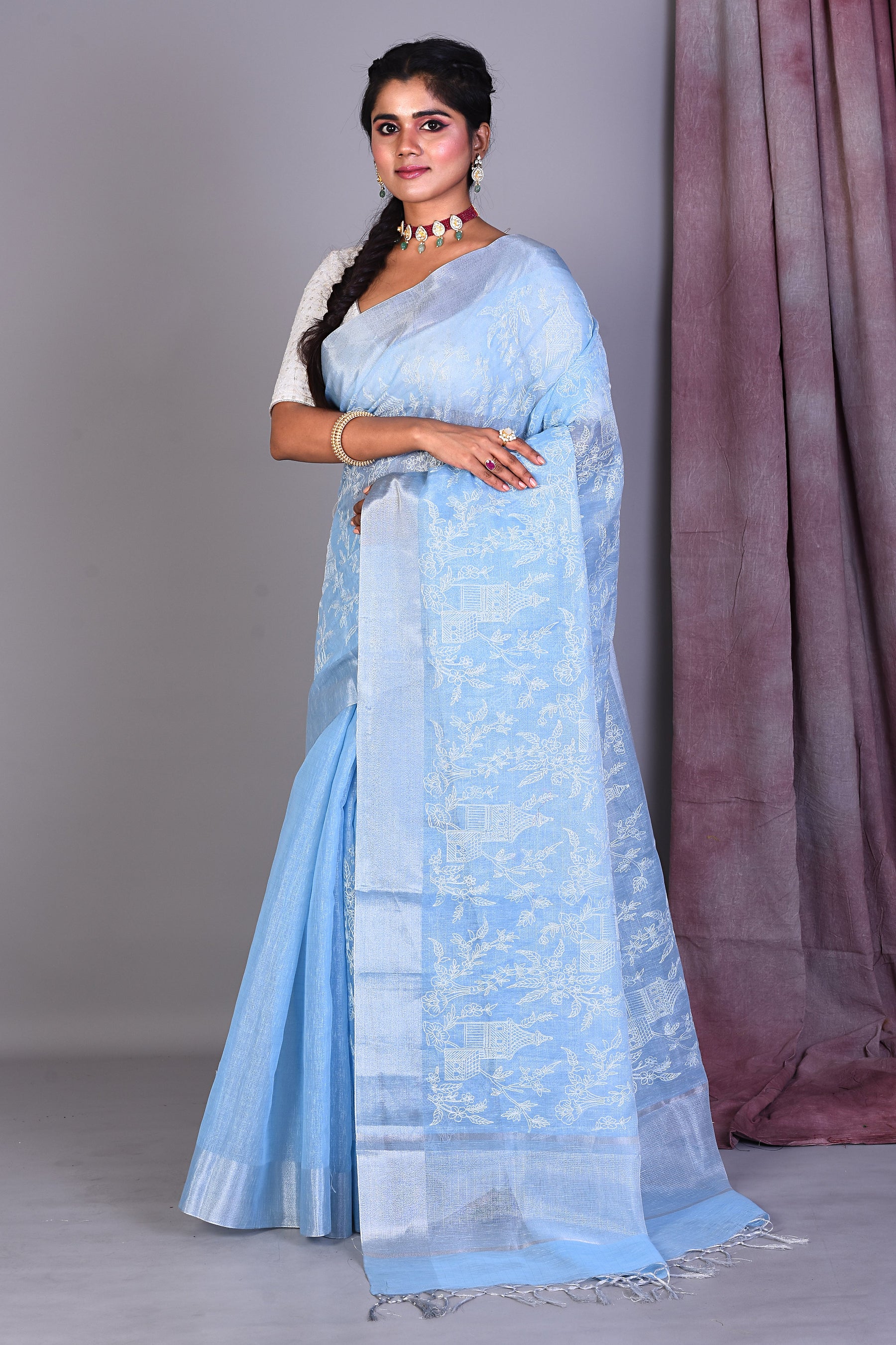 Sky Blue Blended Silk Saree with ThreadWorks - Keya Seth Exclusive