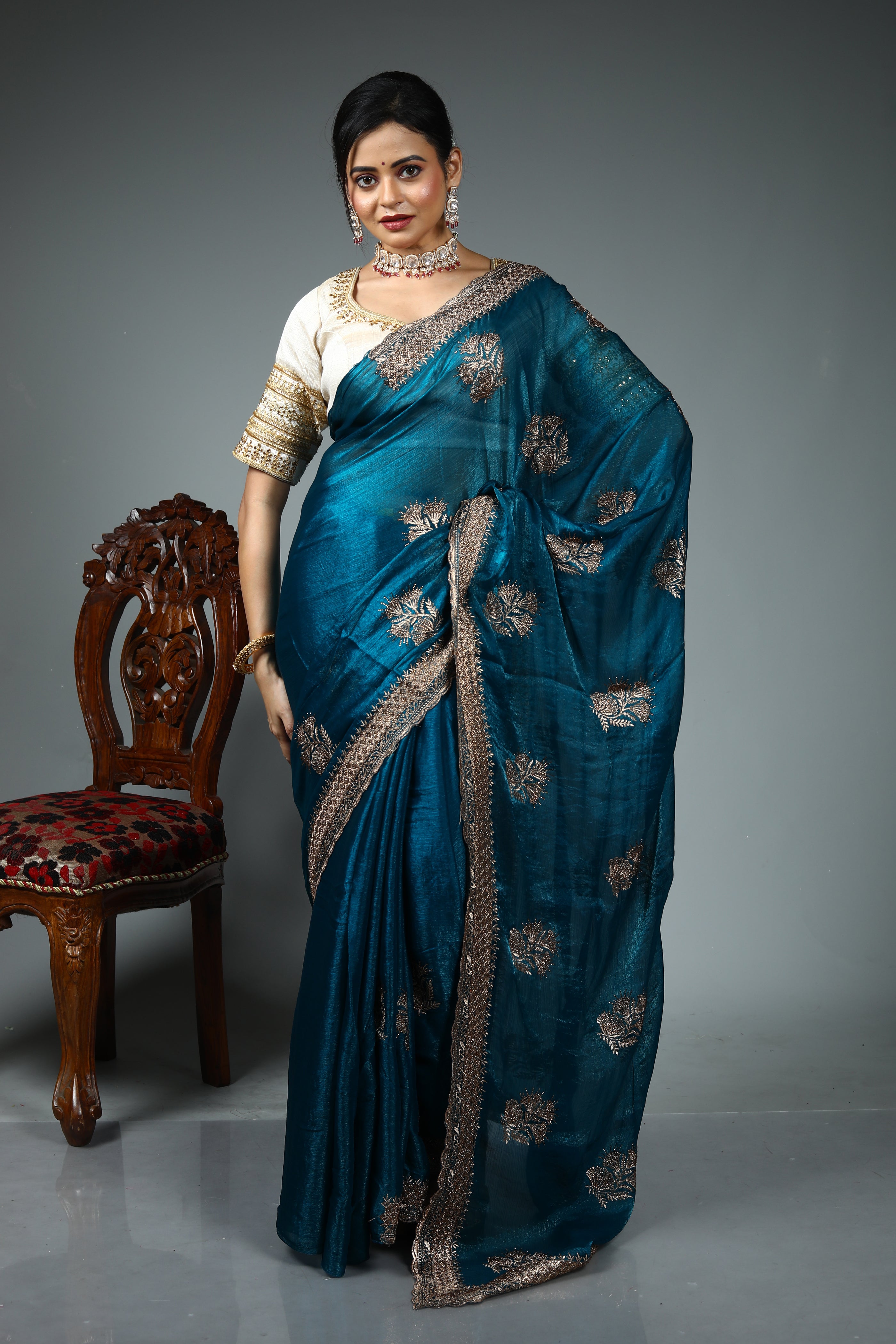 Sea Green Blended Georgette Saree