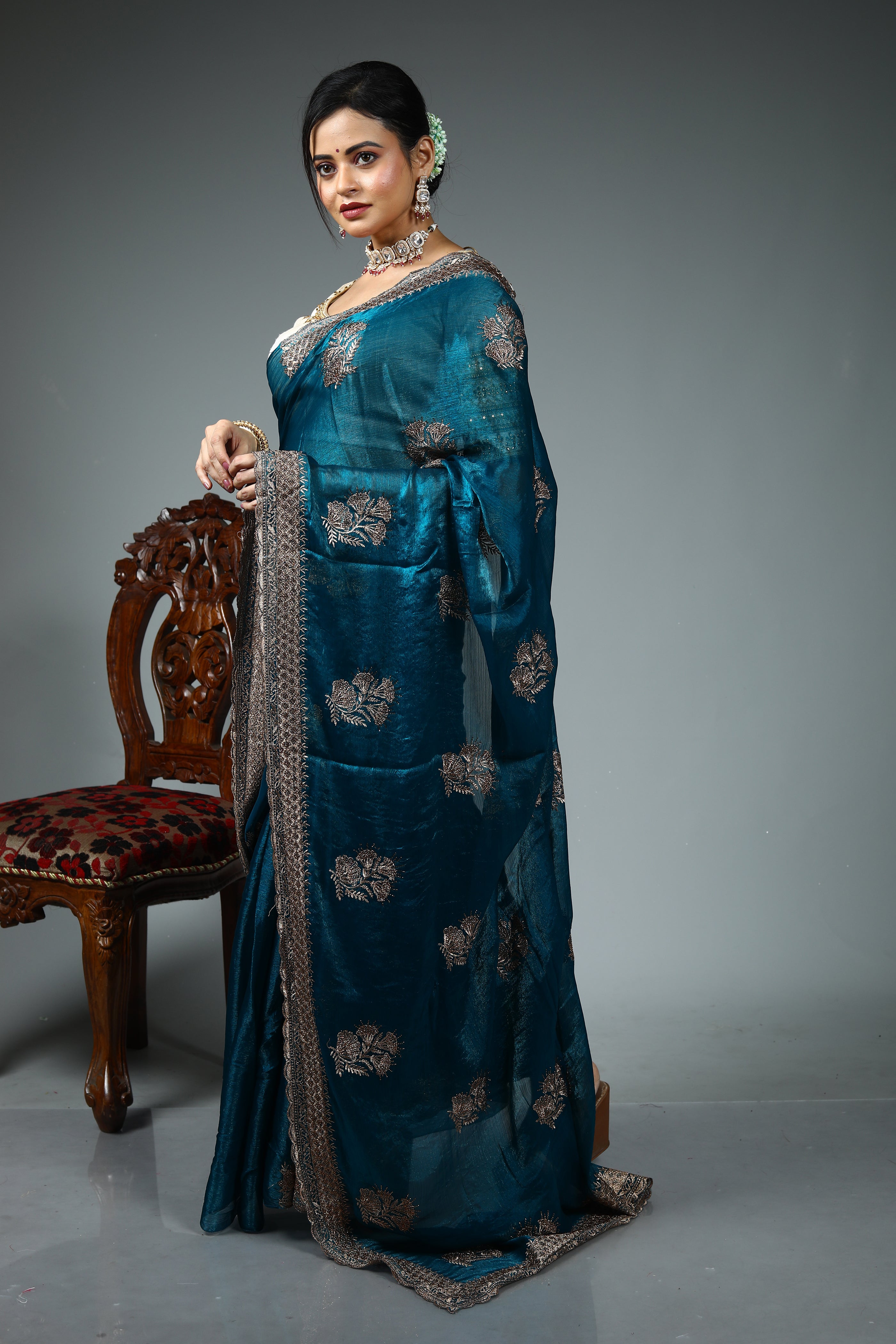 Sea Green Blended Georgette Saree
