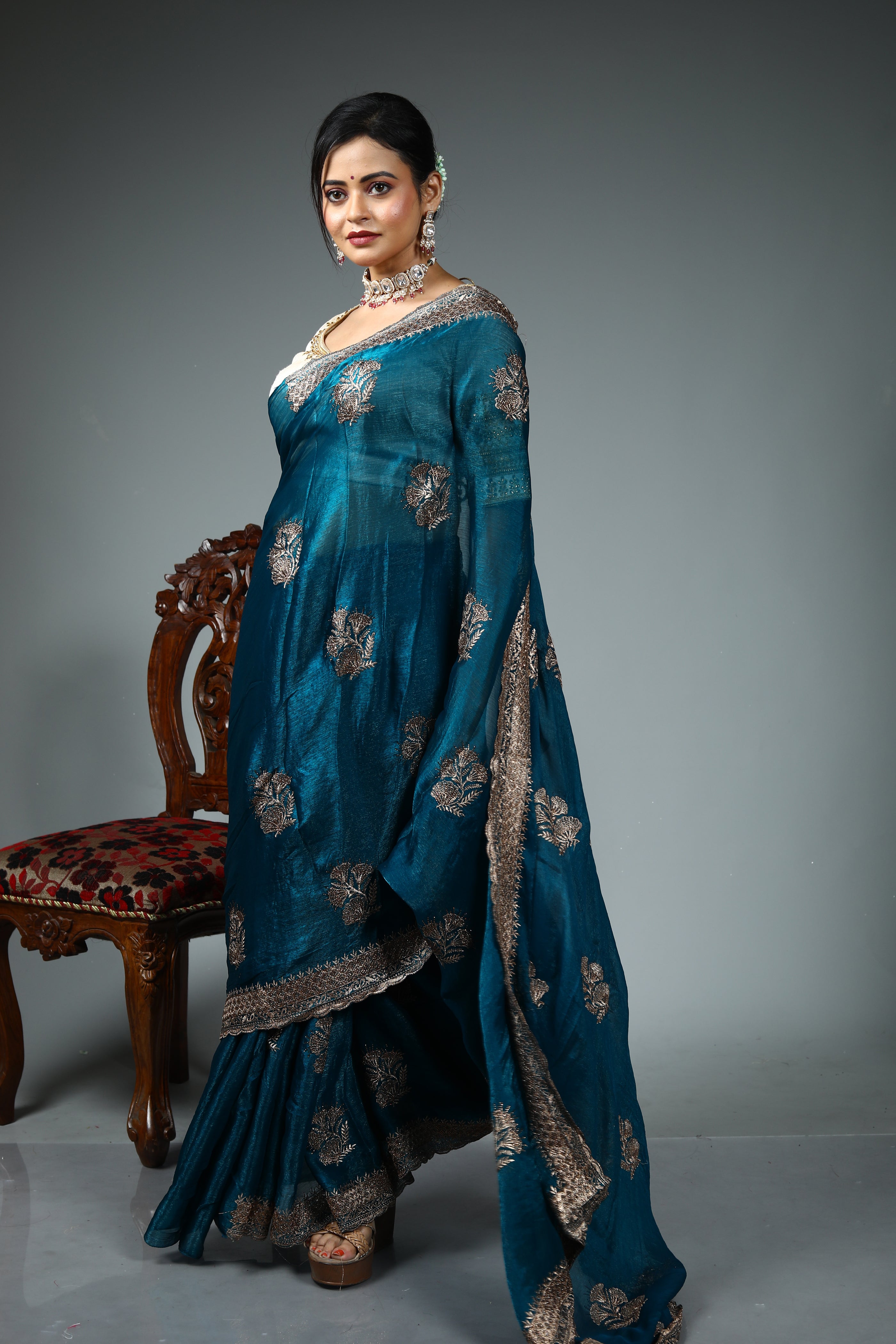Sea Green Blended Georgette Saree
