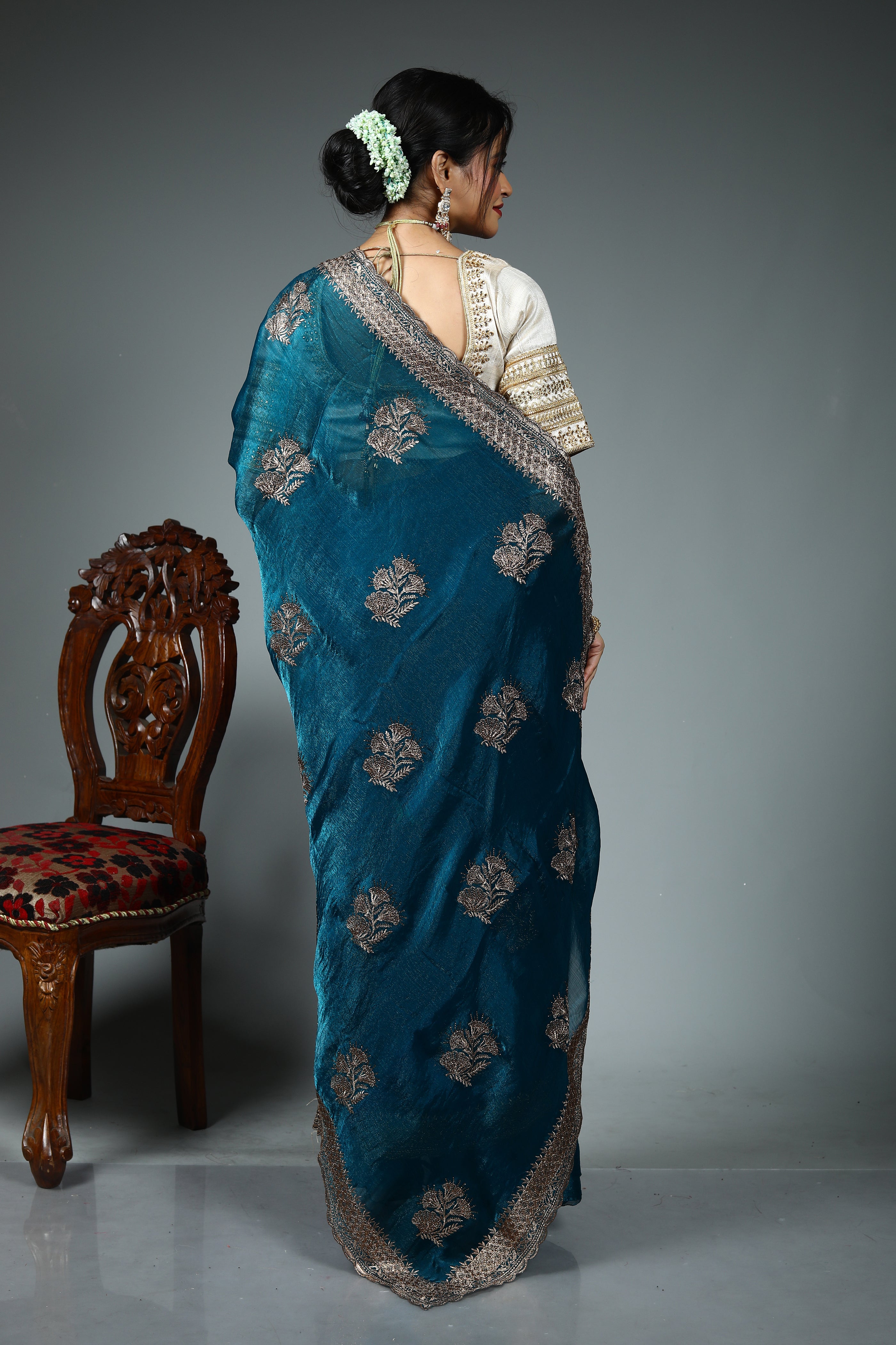 Sea Green Blended Georgette Saree