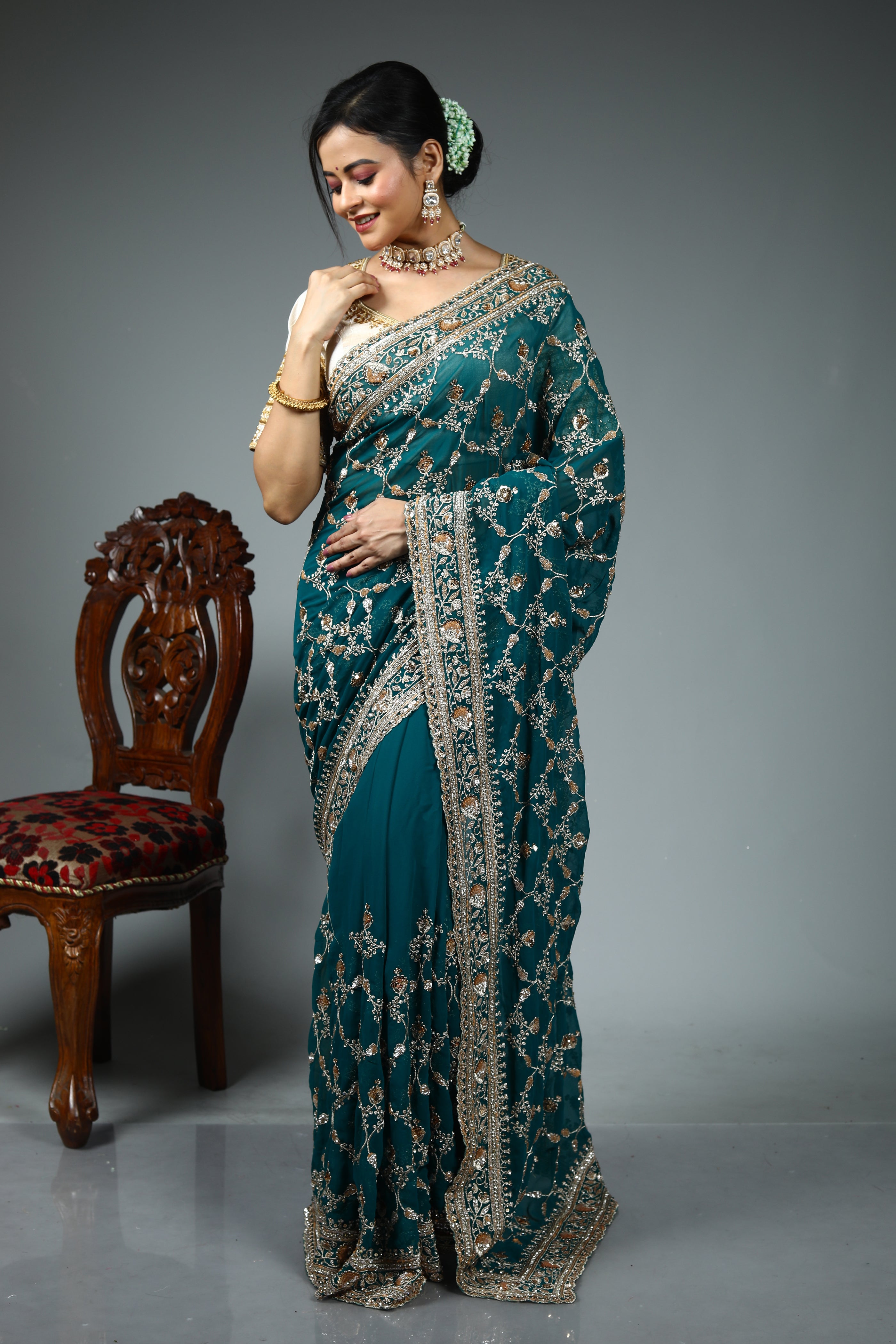 Green Blended Goergette Saree