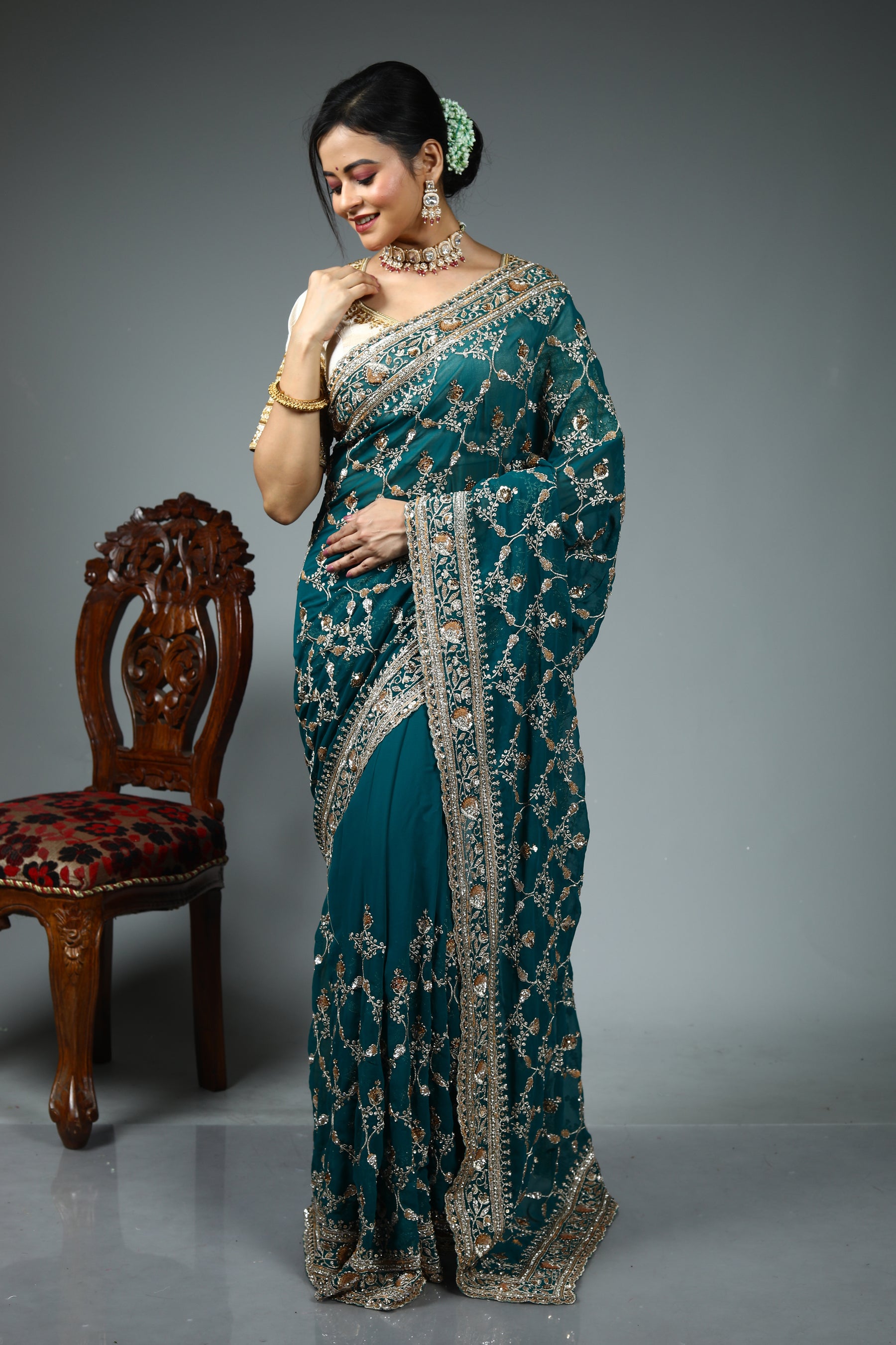 Green Blended Goergette Saree