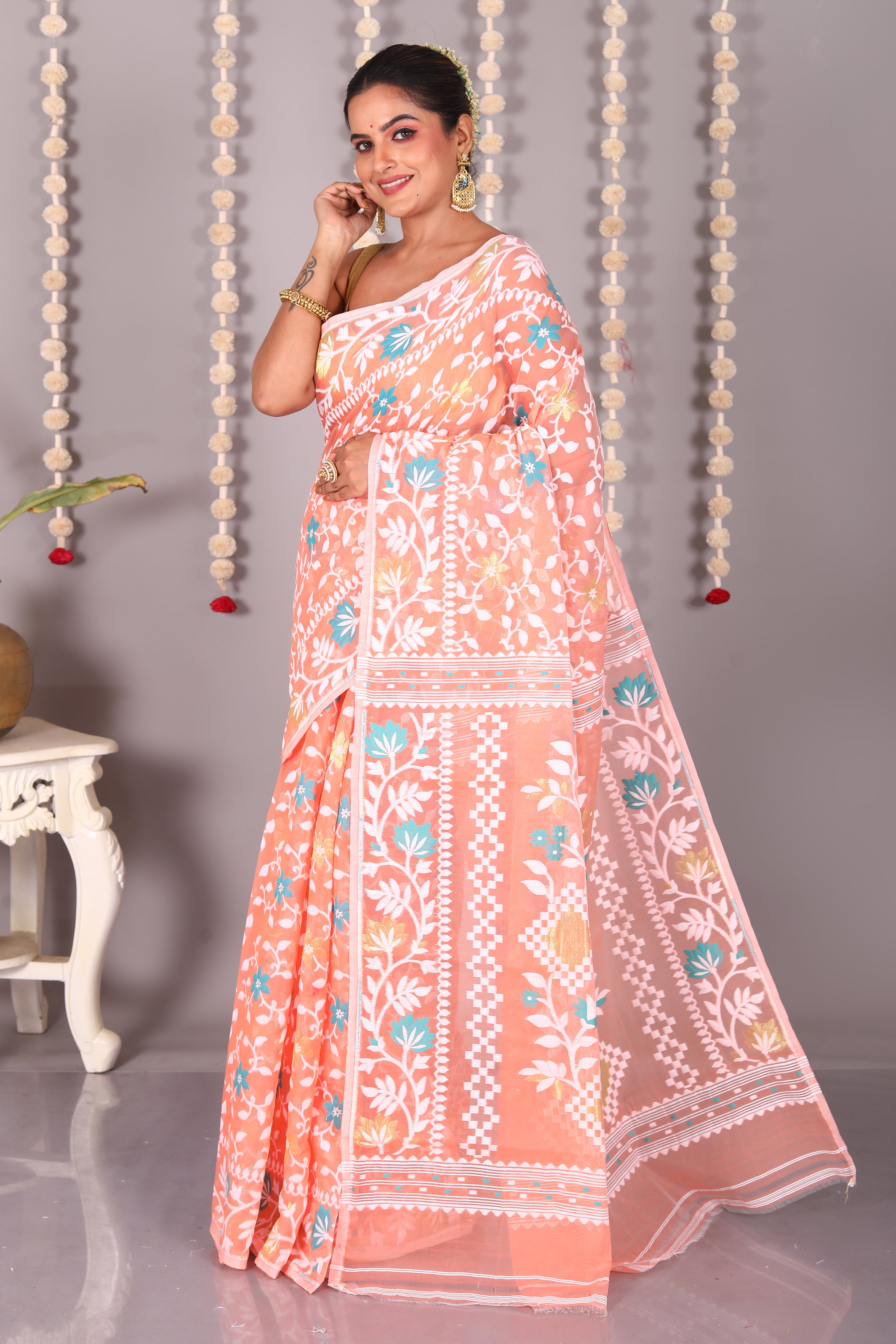 Peach Cotton Jamdani Saree - Keya Seth Exclusive