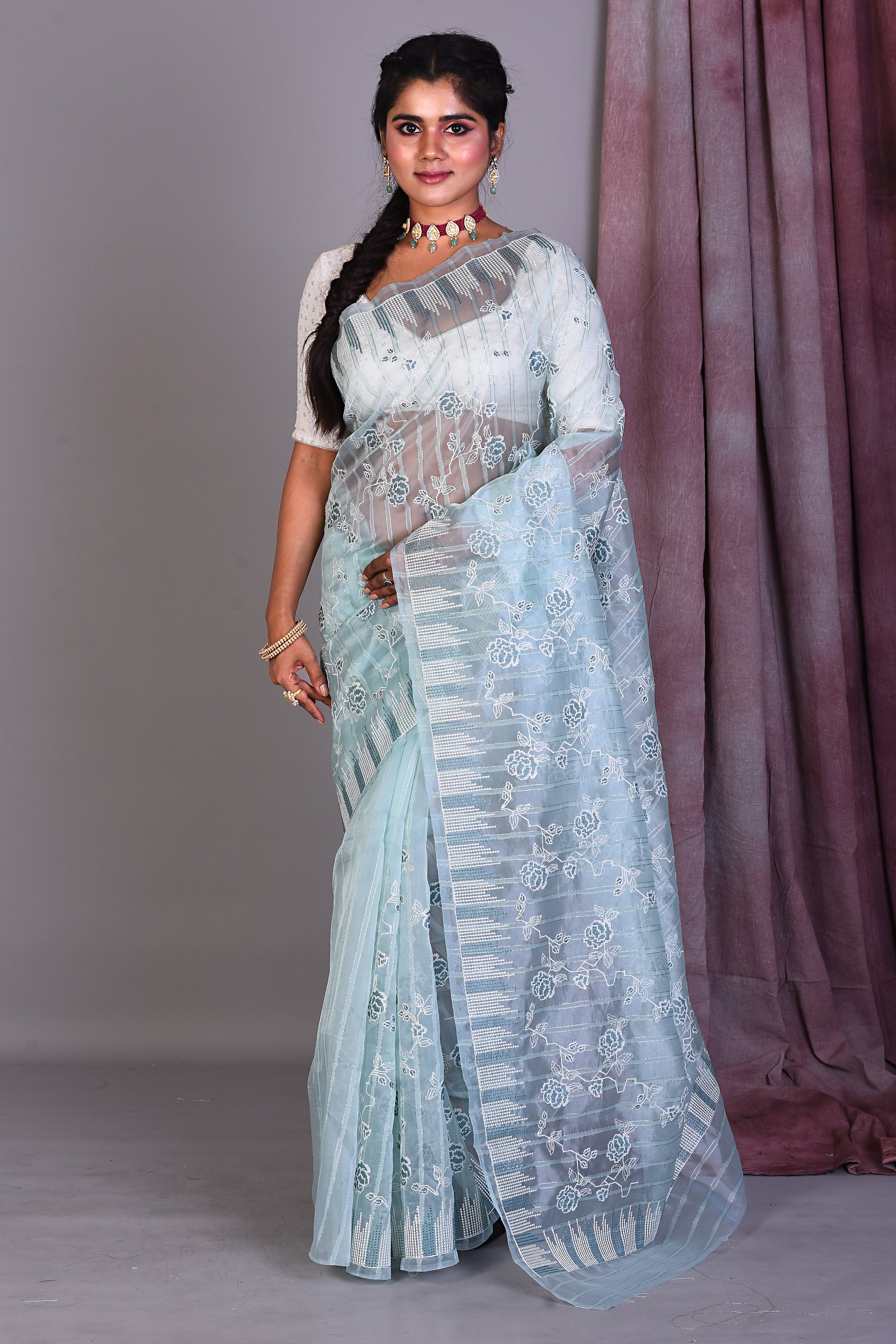 Sea Green Blended Organza Saree with ThreadWorks - Keya Seth Exclusive