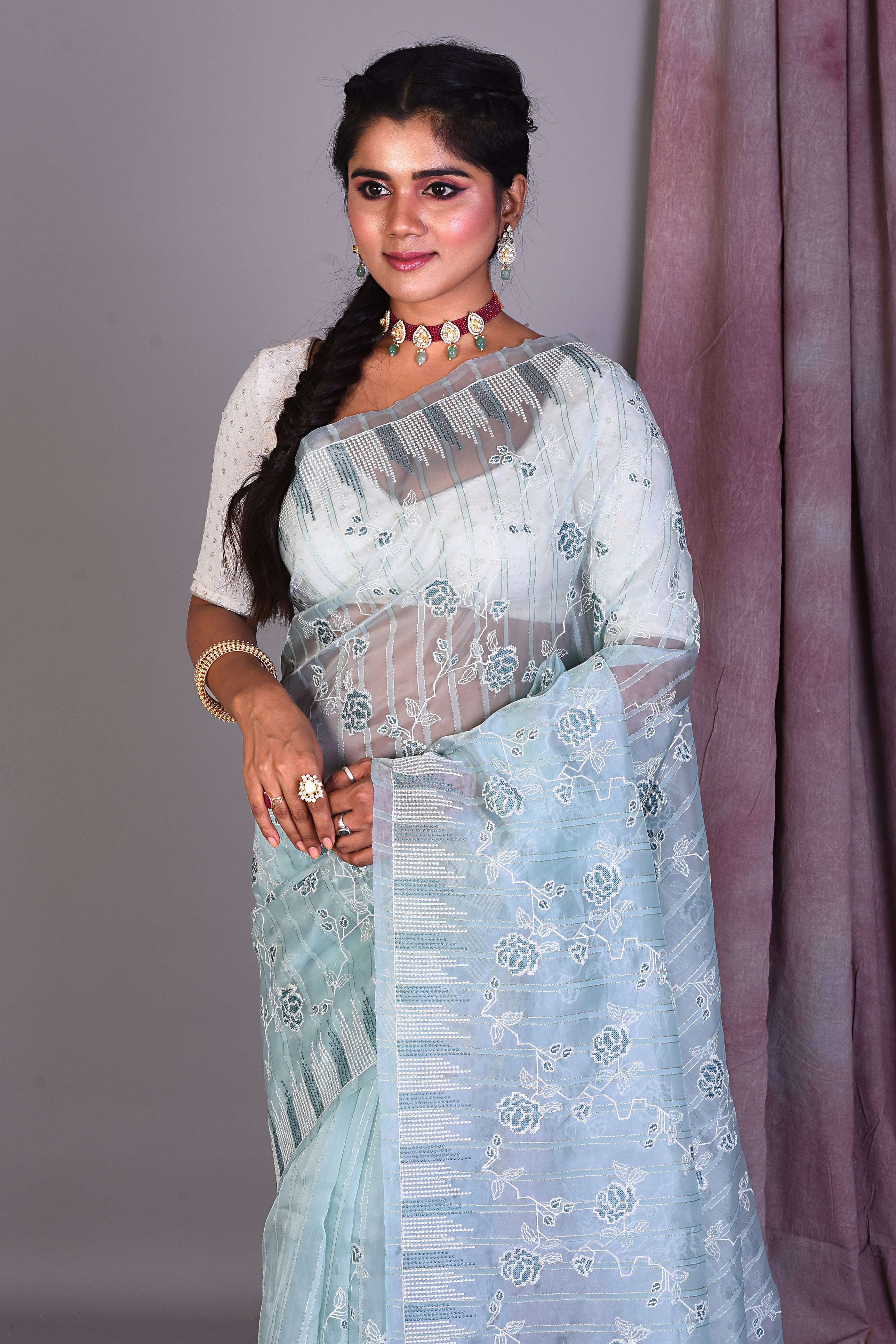 Sea Green Blended Organza Saree with ThreadWorks - Keya Seth Exclusive