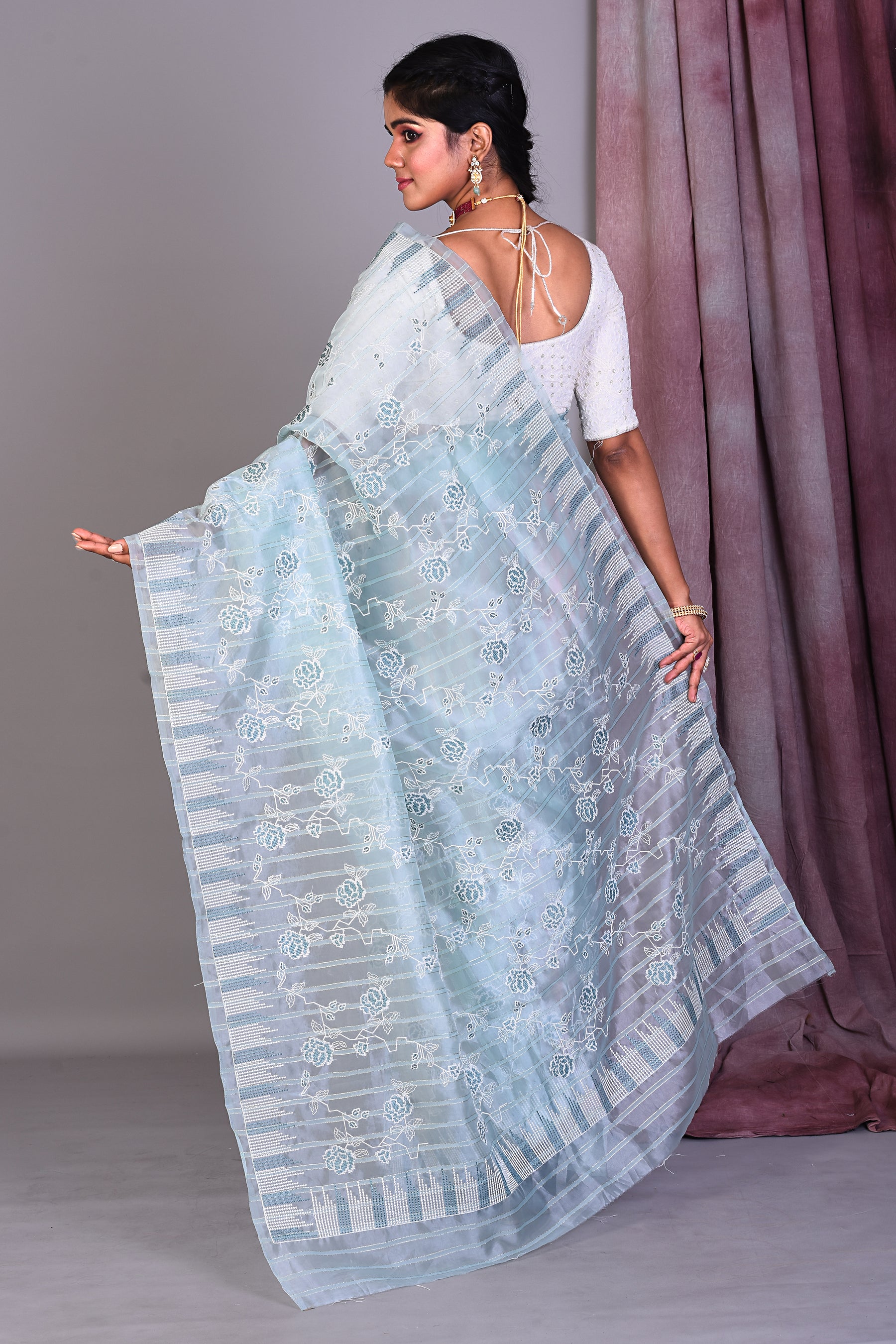 Sea Green Blended Organza Saree with ThreadWorks - Keya Seth Exclusive